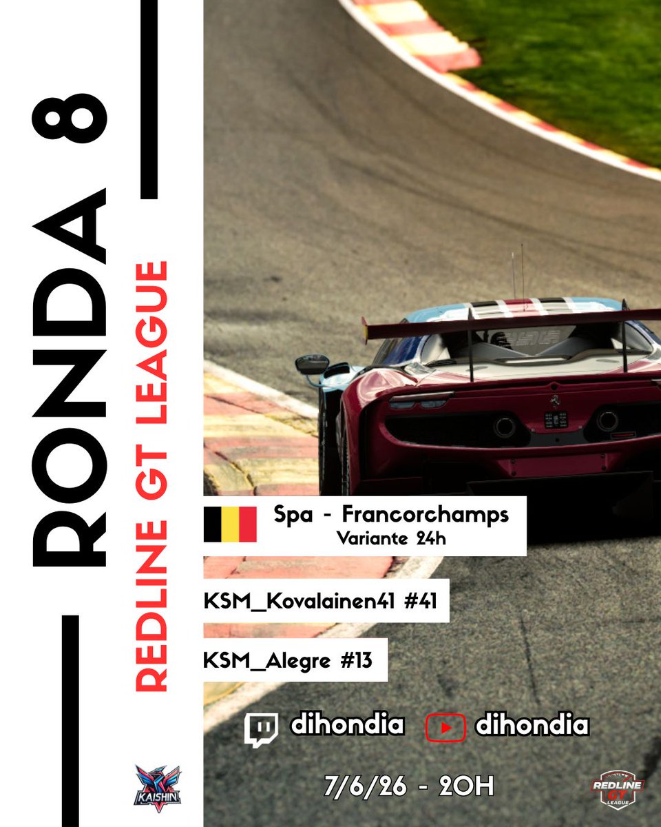 KaishinMS's tweet photo. ULTIMA RONDA! 🔥 Vamos a por todas para conservar el P2 en la general 💪🏻 
Kova con hambre y Adri buscando ese resultado que le haga sonreir 💪🏻🍀

🏁 RACE DAY : R8 🏁
🎯 REDLINE GT LEAGUE T2
🪽 Jose González #41
🪽 Adrián Alegre #13
🗓️ 7/6/26
⏰ 20H
🎥 dihondia : Twitch y YT https://t.co/KROEKmZ0G0