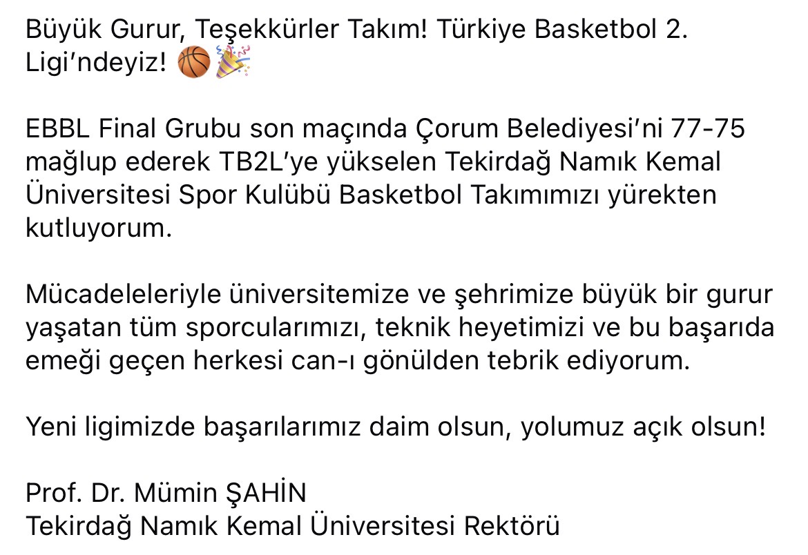 tekirdagnku2006's tweet photo. Büyük Gurur, Teşekkürler Takım! Türkiye Basketbol 2. Ligi’ndeyiz! 🏀🎉 https://t.co/vwwOrtvtTw