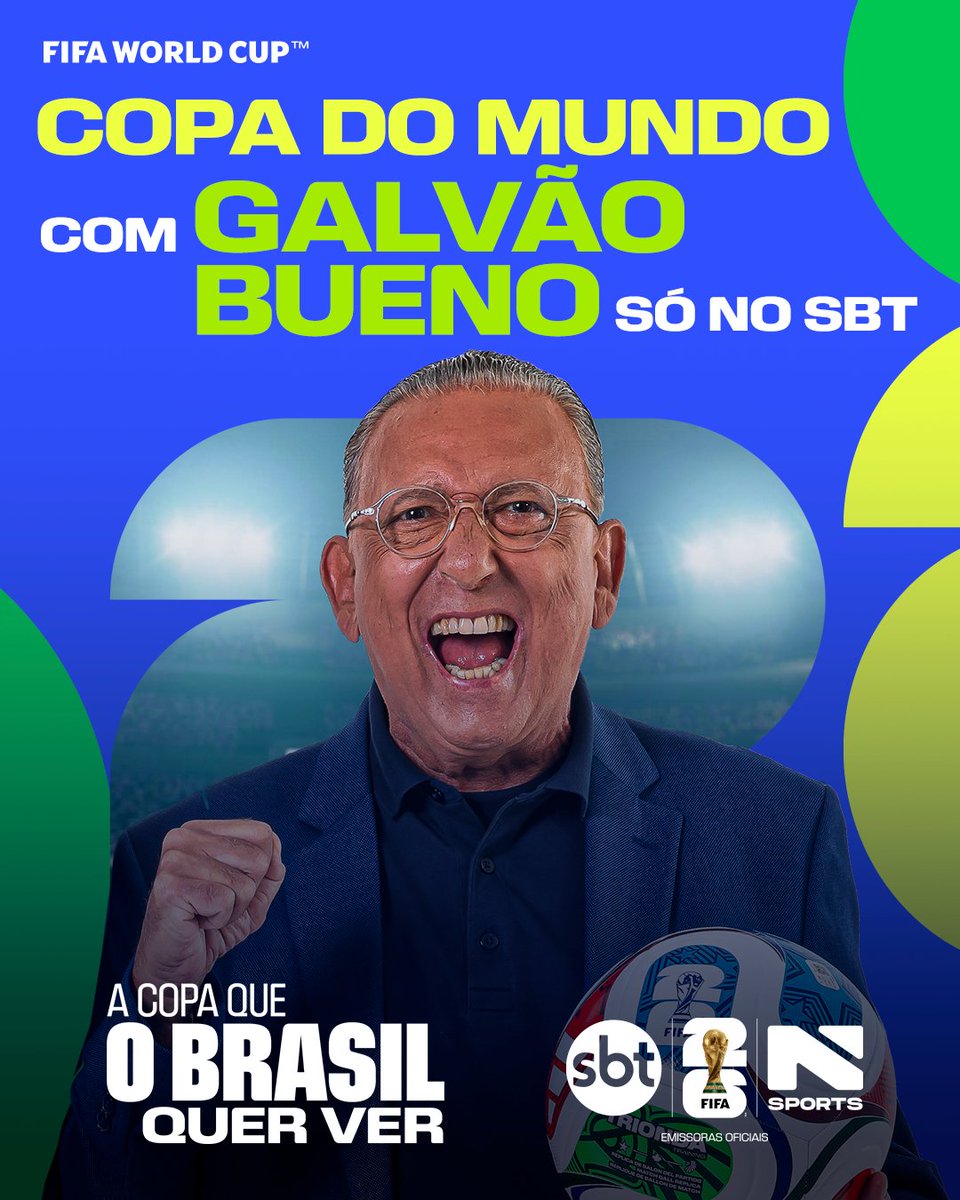 SBTonline's tweet photo. No SBT, você assiste aos jogos da Copa do Mundo com a voz que você já conhece e respeita. Afinal…
Copa com Galvão Bueno é só no SBT. ⚽️  Vai 🇧🇷!

#CopaDoMundo #CopaNoSBT #ACopaQueOBrasilQuerVer #SBT https://t.co/2RiEnYWN6o