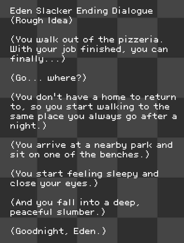 A_Small_Rodent's tweet photo. Oh, and Eden's Slacker ending (Money ending is basically the same, I don't think I need to type it) https://t.co/goXVgBPw2V