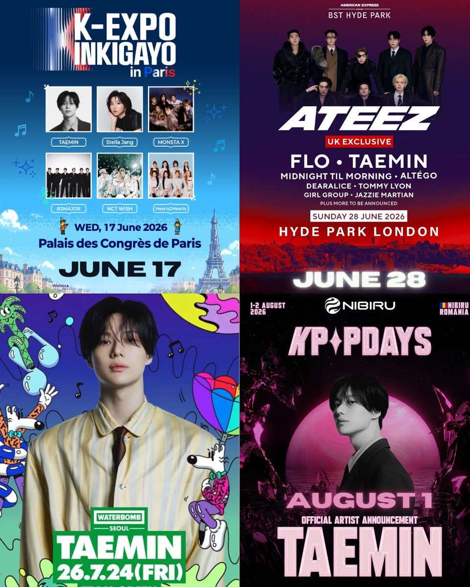 Taemrizz's tweet photo. Shows Taemin 2026

14 jun - SHINee Inkigayo Performance
17 jun - K-Expo Inkigayo (Paris)
28 jun - BST Hyde Park (London)
24 jul - WaterBomb Seoul (Korea)
01 ago - KpopDays (Romania) https://t.co/XJO0j3eoJX