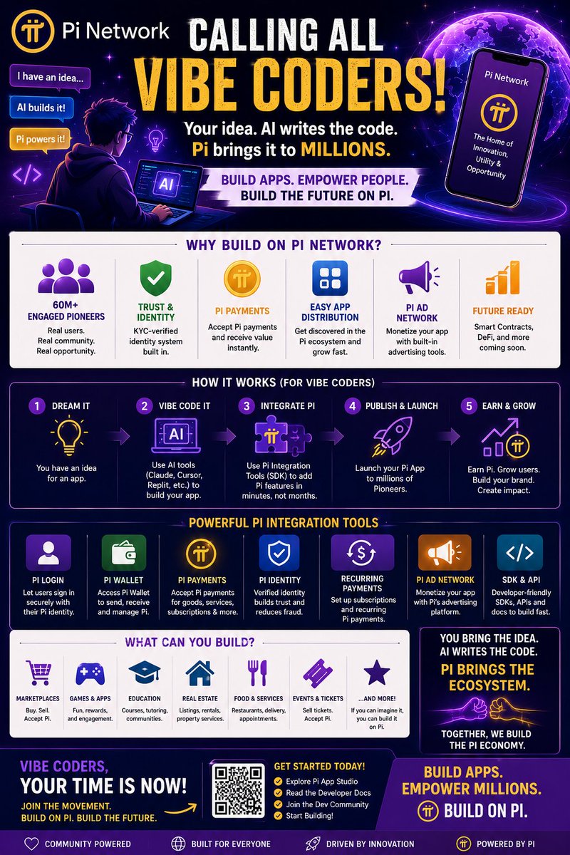 KentPaul20's tweet photo. 📢Pioneers/Students/Builders  
This "Vibe Coders" invitation is much bigger than most Pioneers realize.

Pt.1

What is a Vibe Coder?
A vibe coder is someone who builds software primarily by describing what they want in plain English to AI tools such as Cursor, Claude Code, Codex, Replit, or Lovable. Instead of writing every line of code manually, they guide the AI, test the results, and refine the app through prompts.

Think of it this way:
Traditional Developer = Architect + Construction Crew
Vibe Coder = Architect directing an AI construction crew.
The barrier to creating apps has suddenly collapsed.

Pi Core Team recently launched a way for AI-built apps to be converted into Pi Apps through Pi App Studio. A creator can build an app externally with AI, then use Pi's integration tools to add Pi login, Pi SDK, and Pi payments without rebuilding everything from scratch.
Pi's pitch to vibe coders is simple: "You bring the app. We bring the users."

We're offering millions of engaged users. Identity verification through KYC
Pi payments, App distribution inside the Pi ecosystem, Potential advertising and monetization opportunities. 
For years, critics have asked "Where are the apps?"
Well Pi Core Team appears to be answering that question by making app creation dramatically easier.
Instead of waiting for thousands of professional developers, Pi can now attract Teachers, Restaurant owners, Real estate agents, Small business operators, and lastly, Students
Entrepreneurs
who have ideas but cannot code...AI becomes their developer. 

This is where it gets interesting.
Imagine one Pioneer creates, A Pi-powered payroll system, A Pi subscription service, A Pi marketplace, A Pi-based booking platform, A Pi real estate portal, A Pi soccer management app for FCUNITED.PI? All without hiring a software team.
If thousands of vibe coders begin building useful tools, Pi gains what every currency needs:
Places to spend Pi.
Not speculation.
Not trading.
Actual utility.
That is the missing ingredient many Pioneers have been waiting for. 

Looking at the timing alongside Pi App Studio, recurring payment features, launchpad development, and smart contract preparation, it appears Pi is trying to solve a major problem:
How do you create 10,000 useful apps faster than traditional development allows?

Their answer seems to be:
AI + Vibe Coders + Pi Payments + 60M users. And if it works, Pi Network could go from a blockchain with a currency to an entire economy of AI-built businesses.
That is why these invitations are significant. We are not recruiting coders.
We are recruiting builders.
And that's exactly where people like The Red Snapper, apartments.pi, and FCUNITED.PI fit into the picture. The new question is no longer:
"Can I code?"
The new question is:
"Can I describe my idea clearly enough for AI to build it?" 🚀

Bonus read...
Pi Integration tool: What are those?
Imagine you build a website or app.
Normally, your app is just another website on the internet. Pi Integration Tools allow builders to connect that app directly to the Pi ecosystem.

Think of Pi as providing a set of building blocks:
🧩 Pi Login
🧩 Pi Wallet
🧩 Pi Payments
🧩 Pi Identity Verification
🧩 Pi Advertising Network
🧩 Future Smart Contracts
Instead of building these from scratch, developers simply plug them into their app.
Example #1: Red Snapper Restaurant
Let's say we launch Red Snapper.
Without Pi Integration:
Customer pays with Visa.
Customer creates a separate account.
Restaurant pays credit card fees.
With Pi Integration:
Customer signs in with Pi.
Customer pays with Pi.
Customer loyalty rewards are paid in Pi.
Oh, BTW, customer identity is already verified.
The Pi ecosystem handles much of the heavy lifting.

Example #2: FCUNITED.PI
Imagine your soccer club app.
Players could:
⚽ Sign in using Pi
⚽ Receive rewards in Pi
⚽ Buy tickets with Pi
⚽ Purchase merchandise with Pi
⚽ Receive NIL payments through Pi