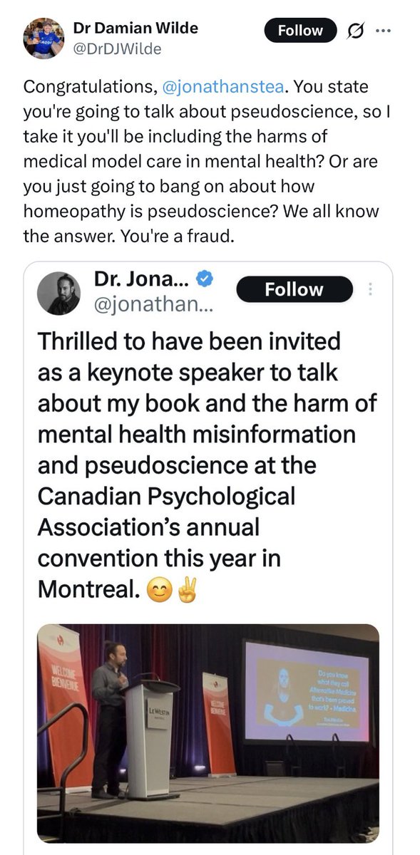 jonathanstea's tweet photo. In my keynote address, I actually spoke about how the anti-psychiatry movement uses pseudoscience to deny the existence of mental illness, stigmatize patients, deter treatment seeking, and compromise patient care.

It was extremely well received among the audience of 400+. 

And over lunch with the president of the Canadian Psychological Association, we even discussed how the tiny minority of psychologists who do promote anti-psychiatry propaganda embarrass our profession.