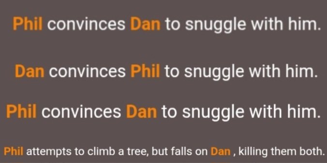donondphol's tweet photo. ran out of friends so included dan and phil in my hunger games simulator and wtf. how did they know. https://t.co/gL3PZocqlE
