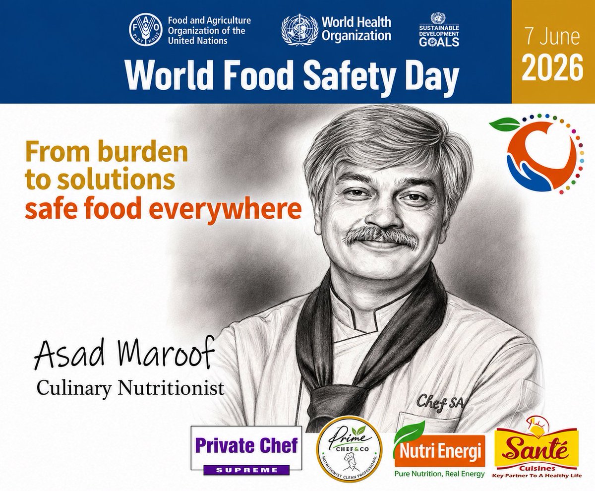 chefasad22's tweet photo. "World Food Safety Day 2026"

Asad Maroof
Culinary Nutritionist

#WorldFoodSafetyDay2026 #WorldFoodSafetyDay https://t.co/7aJro5t3RN