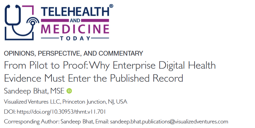 THMToday's tweet photo. >>>THMT NEW ARTICLE
From Pilot to Proof: Why Enterprise Digital Health Evidence Must Enter the Published Record | Telehealth and Medicine… https://t.co/gdnIPOz89d
#digitalmedicine #enterpriseresearch #implementationscience #realworldevidence #telehealth @PhRMA @phrmACCESS https://t.co/96K7rsMY4d