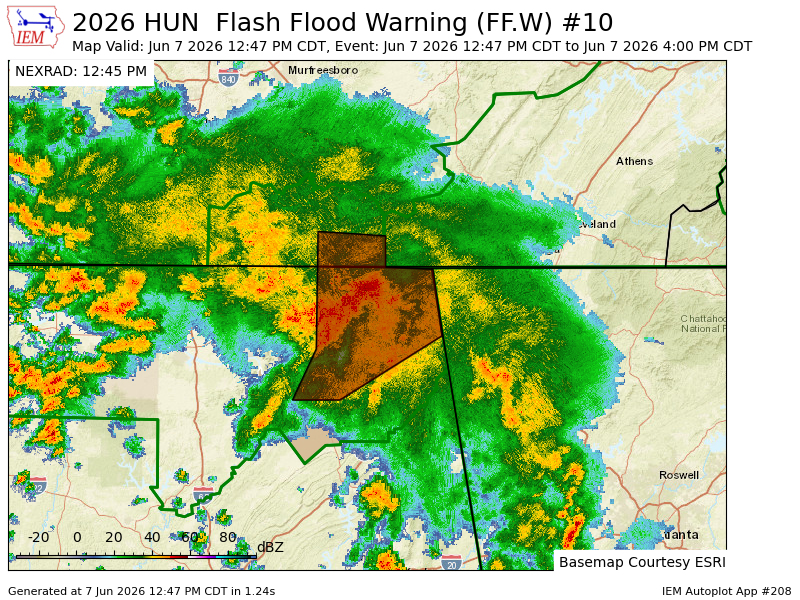 ALRadarCenter's tweet photo. HUN issues Flash Flood Warning [flash flood: radar indicated] for DeKalb, Jackson, Marshall [AL] and Franklin [TN] till Jun 7, 4:00 PM CDT https://t.co/mGbnTVT0GL https://t.co/EezTr3NV6G