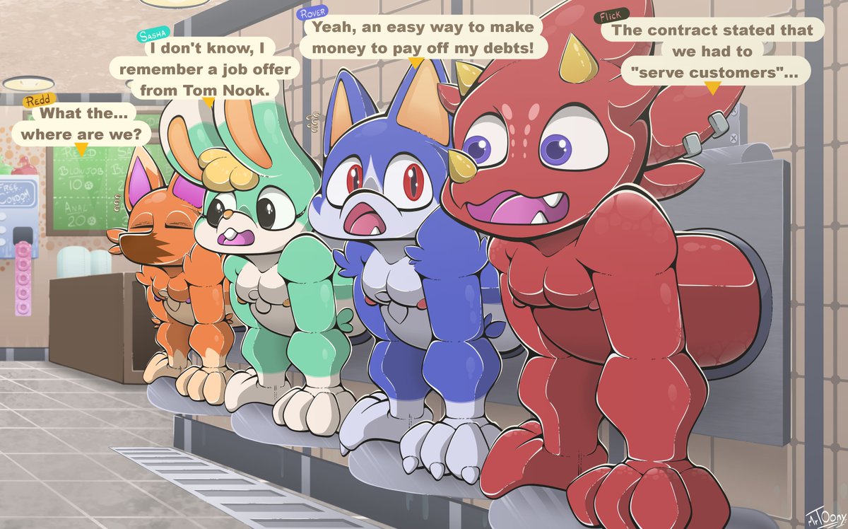 Mrt0ony's tweet photo. Tom Nook is finally opening his new shop!  🦝💸🍑

The rest of the adventure is available on my Patreon!
8 another drawings to discovere ~ 💙 https://t.co/i0NOVBHq9h
