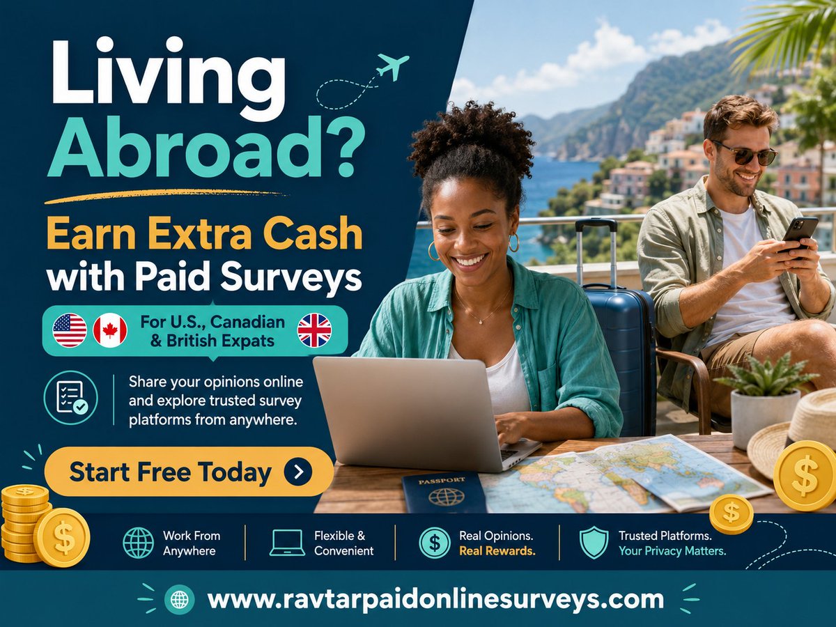 ravtarllc's tweet photo. U.S., Canadian, or British expat living abroad? 🌍💰

Your opinions may still be valuable! Explore paid survey platforms and earn extra cash online in your free time.

Availability depends on your location and profile.

👉 https://t.co/k2XjB4ILbK

#ExpatsAbroad #USExpats #CanadianExpats #BritishExpats #PaidSurveys #MakeMoneyOnline #WorkFromAnywhere #DigitalNomad #SideHustle #OnlineIncome