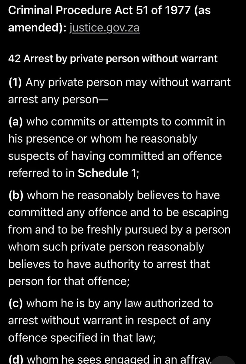ntokozo_69's tweet photo. @GaytonMcK @CyrilRamaphosa Section 42 of the Criminal Act allows for citizens to arrest criminals, illegal immigrnats are criminals that must be arrested. “Any private person may arrest criminals who commits crimes. End of story https://t.co/e4Z4lpo7Y9