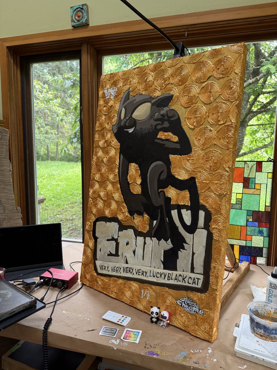 willriverart's tweet photo. Very very very very lucky black cat ! Erupt ! 30 hours into this painting. No turning back. Getting close! The Superfractors are 🔥, the way the light hits this! Wow!!! my biggest painting yet!! 2’ by 3’ @garyvee @veefriends @VeeFriendsCards https://t.co/sKVEGRNlRg