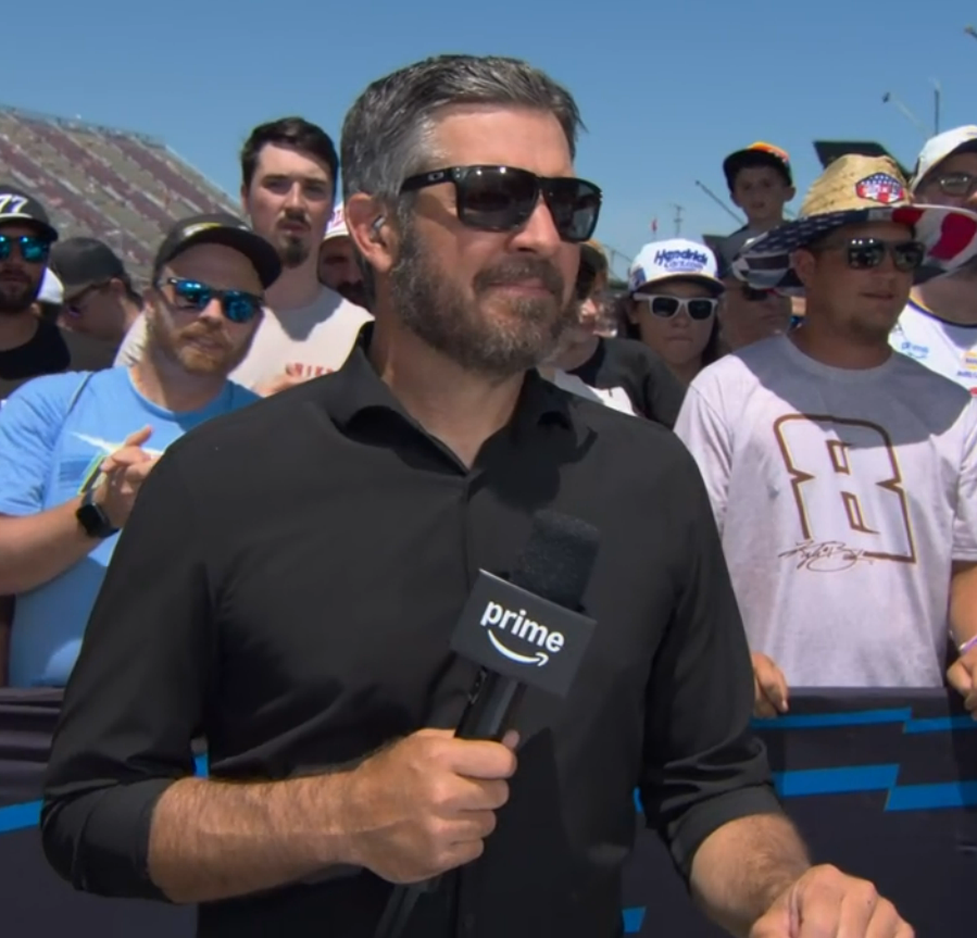 STaranto92's tweet photo. Fresh off the boat - Martin Truex Jr. is back at the racetrack as a guest analyst for Prime today.

"I've been doing a lot of fishing. Probably drank a few too many beers, my shirt's a little tight today." https://t.co/aETn3YnFIH