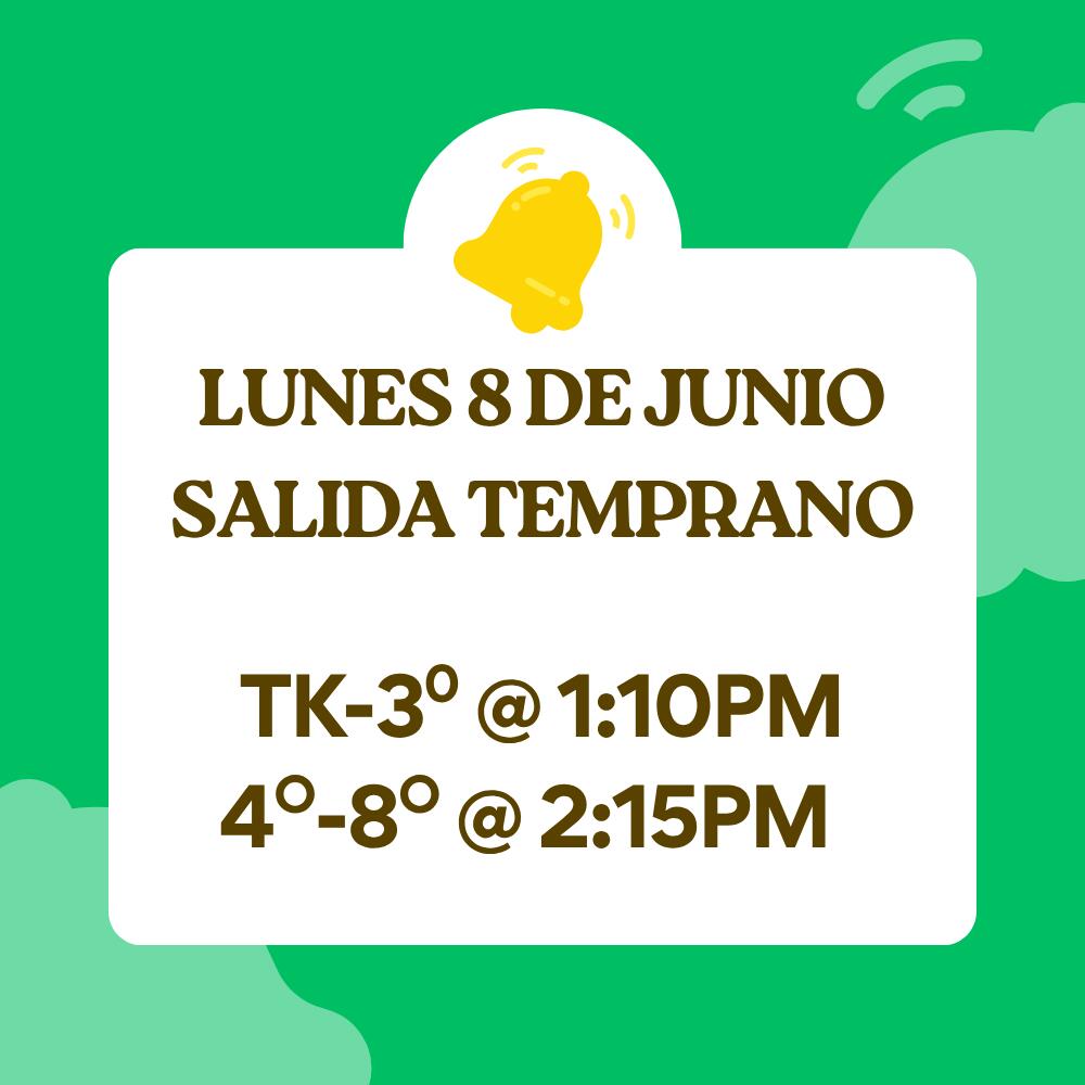 SundaleUesd's tweet photo. Reminder that MONDAY JUNE 8 is EARLY RELEASE.
TK-3rd @ 1:10pm
4th-8th @ 2:15pm
Les recordamos que el Lunes 8 de Junio sera SALIDA TEMPRANO:
TK a 3er grado: 1:10 p. m.
4º a 8º grado: 2:15 p. m. https://t.co/uHeQE1HIIO