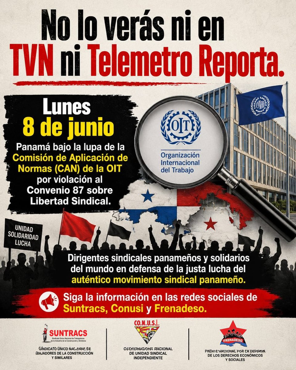 ClaridadPanama1's tweet photo. Infórmate sobre la importante reunión de la Comisión de Aplicación de Normas (CAN) de la OIT por las redes sociales y medios alternativos.
Panamá en el banquillo de los acusados por violar Convenio 87 sobre Libertad Sindical. https://t.co/L20okYA8p7