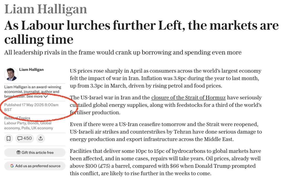 LiamHalligan's tweet photo. Labour risks being forced to seek emergency help from the International Monetary Fund (IMF) as Britain lurches toward a debt crisis, leading economists are now warning.

Former IMF chief economist Ken Rogoff says, in a new interview, that there is “more than 50:50 chance” of a major UK debt crisis before the end of this decade.

He is joined by Sir Charlie Bean, a former senior official at both the Bank of England and the Office for Budget Responsibility, who says the need for an IMF bail-out is now a “material risk” for the British economy.

I not only firmly agree with Ken Rogoff and Sir Charlie Bean – but have been repeatedly issuing the very same warnings for a very long time.

Because the grave risk of a major fiscal meltdown has been apparent for at least the last two years – to anyone who combines serious knowledge of UK economics and politics and global debt markets with an open mind.

The UK's public finances were already fragile when Labour took office back in July 2024.

But this government's misguided, ideologically-driven statist policies have made a bad situation much worse, seriously increasing the danger of a deep fiscal crisis - which would cause a disastrous state funding shortfall and a very nasty inflation spike.

That would result in Downing Street being forced to follow the orders of unelected technocrats flown in from Washington and elsewhere.

It would be a very major national humiliation combined with a deep economic slump and an even more intense cost-of-living crisis – in which low-income households, as ever, would suffer the most.

Yet those of us that have shown the brains and courage to point out these inconvenient truths over recent months and years have long been dismissed and derided for our trouble - not only by ignorant politicians and approval-seeking journalists but also the overwhelming majority of "leading economists".

Ahead of the general election in mid-2024, with Labour on course to win, the conventional wisdom among the great sages of broadsheet journalism and the economics establishment was that "the adults would soon be back in charge" ... Labour would "get lucky with the economy" ... and "Britain would now enjoy an extended period of political and fiscal stability".

I thought that was total nonsense – not least as I was well aware Labour's plans irresponsibly to increase borrowing and spending would be met with deep scepticism by the global pensions funds, insurance companies and other institutional investors that lend governments serious money.

My weekly @Telegraph "Economic Agenda" column of 23rd June 2024, a fortnight ahead of the general election, was a total outlier. I recounted the disaster of 1976 – when Britain was forced to go "cap in hand" to the IMF for a bailout – and warned that "The Ghosts of the 1970s" would haunt Labour's (so-called) economic resurrection".

Six months later, after the October 2024 "Hallowen" budget in which Chancellor Rachel Reeves did indeed sharply hike borrowing and spending, I assessed the market reaction then doubled-down – warning more assertively in my column of 12th January 2025 that "The UK risks a return to 1976 unless Reeves changes course".

And then again on 20th July 2025, as Labour's policies raised the costs of doing business, translating into price pressures which pushed up government borrowing costs even more, I again cautioned that "Inflation risks are taking Britain to the debt-crisis cliff edge".

"It’s now screamingly obvious that Labour’s crude Keynesianism – “pump priming” the economy by upping state borrowing and spending – isn’t working," I wrote in that column last July.

"Worse than that, this Government’s actions are pushing Britain towards a budgetary crisis every bit as serious as that in 1976 – when the UK was forced to go “cap in hand” to the IMF for a bail-out".

It's been a lonely task issuing these warnings. I've been hounded in public debates, slagged off by senior civil servants and often dismissed by "leading economists" as "alarmist".

So what do these same "leading economists" now say to Rogoff (Harvard Professor, Former IMF Chief Economist) and Bean (LSE Professor and Former Deputy Governor of the Bank of England)?

The "economics establishment" – with very few honourable exceptions, the brilliant  @jagjit_chadha  among them – has been and remains extremely reluctant to point out the deeply unsustainable nature of this government's addiction to ever more borrowing.

The systemic fiscal dangers of evermore "tax and spend" – and the prospect of a serious spike in gilt yields and related fiscal meltdown – are now so real and present as to be completely undeniable.

Yet the UK government is about to shift even further to the left, pushing up borrowing and spending even more under a new leader, in a bid to appease the massed ranks of economic illiterates among Labour's Parliamentary party and activist base – making those dangers even more acute.

Yet, still, the silence among "public intellectual" economists is deafening.

I'm glad the likes of Ken Rogoff and Charlie Bean are now issuing clear warnings. So where is the rest of the "economics establishment" - those who purport to understand fiscal management and financial markets, and often funded by taxpayers' money?

Britain is now clearly in the crosshairs of a very serious danger. The government's creditors are increasingly fickle and based overseas – with no regulatory or cultural obligations to lend money to the UK government.

Those holding UK gilts are increasingly "speculative" rather than "strategic" long-term investors – looking for quick returns, financing their government bond purchases with "leverage" (money borrowed from elsewhere), which will quickly be withdrawn when senitment decisively shifts, causing a plunge in gilt prices and a sharp additional surge in government borrowing costs, setting up a vicious circle.

The UK government is very heavily indebted – and the global investors we rely on to bankroll a huge slice of our state spending are alarmed that of the £132bn the government borrowed last year, no less than £110bn was spent on debt interest – as I wrote in a column on 17th May 2026, "As Labour lurches further left, the markets are calling time".

Global investors are alarmed the UK has consistently had the highest inflation in the G7 (which pushes up borrowing costs) and has easily the highest share of index-linked debt (which magnifies the burden of inflation on the state's balance sheet).

And they are deeply, deeply alarmed that when Labour came to power in mid-2024, the Office for Budget Responsibility was forecasting additional state borrowing of £323bn by 2029, the scheduled end of this Parliament.

But Labour’s runaway spending and growth-crushing tax rises mean that the same five-year borrowing forecast is now £583bn – 80pc higher. And still, the  trade unions, MPs and Labour activists who will choose Starmer’s successor now want even more.

It is not too late to pull the UK back from the fiscal brink, to avoid the extremely painful and deep, lingering damage of being forced to go to the IMF and perhaps other multi-lateral creditors for a bailout.

It is not too late to avoid the inflation surge, the currency  crash, the shocking blow to consumer and business confidence alongside the sky-high interest rates that will seriously whack our economy – or the perhaps even deeper damage of yet more of the British electorate losing faith in the ability of our establishment to manage the country in a manner that avoids imposing serious hardship on so many hard-working people simply trying to make their way.

But our political and media class needs to start acknowledging the economic and financial truth – that the UK government is borrowing and spending too much, taxation is now so high that it's hammering growth and employment, and that trying to finally get the economy moving by "moving further left", borrowing and spending even more, will result in a fiscal collapse.

Smart, experienced, high-profile economists need to start speaking out – as Rogoff and Bean just have – raising the alarm in a bid to force the broader establishment to face reality. Before it's too late.

If you've read this far, you clearly think this analysis is worthwhile and important. So please like and share.

And for more, read my "Economic Agenda" column in The Sunday Telegraph each week – and subscribe to "When The Facts Change: Economics and Politics in a fast-moving world, with Liam Halligan"