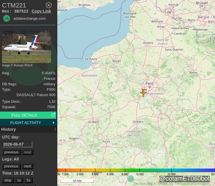 COTAMET060Bot's tweet photo. 🛫 Le DASSAULT Falcon 900 F-RAFS CTM221 de la flotte de l'ET 060 a été détecté à 3 250 ft près de l'aéroport Aéroport de Villacoublay (VIY/LFPV) - Suivi: https://t.co/QRRKsFqeCf

🕑 07/06/2026 18:09:39 https://t.co/wISW5gvAHq