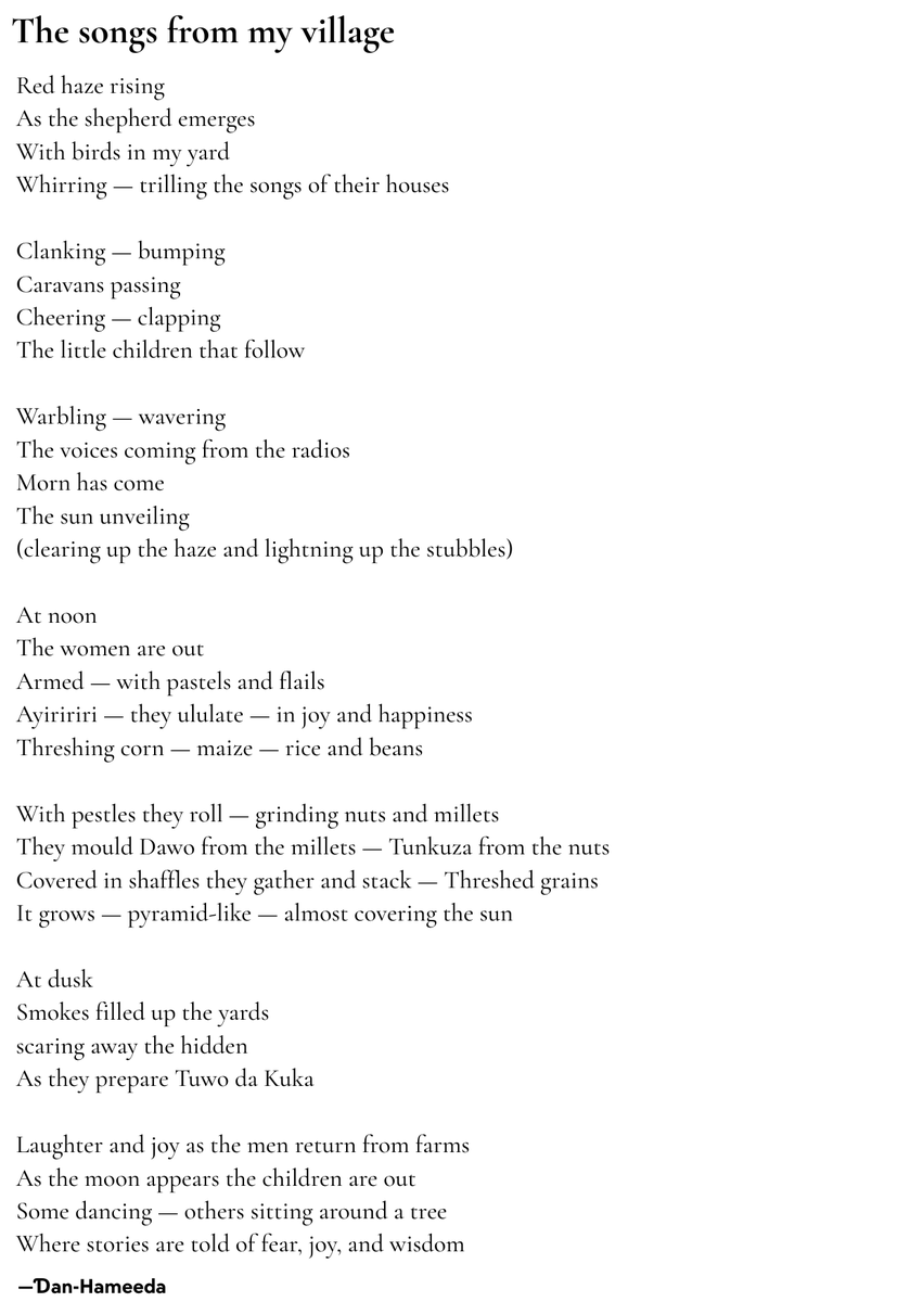 Danhameeda's tweet photo. Everything I remember from my childhood is tied to a sound. In this poem, I tell the story of Magami through the sounds that remain in my memory. It is a joyful poem, for Magami is the one place where joy has always found me. This is THE SONGS FROM MY VILLAGE https://t.co/8fGnmnJmX6