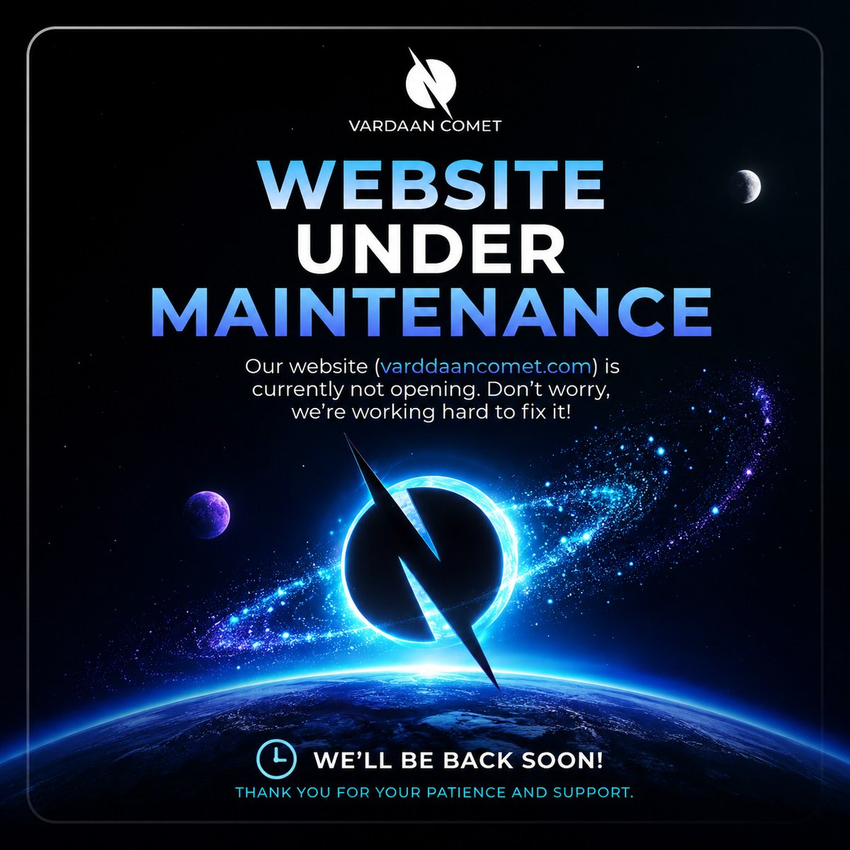 Vardaanlearning's tweet photo. Website Update

Due to high traffic and temporary server-side issues, https://t.co/raA4rJEKJv is currently unavailable.

Our team is actively working on a fix and services will be restored soon.

Thank you for your patience and support. ❤️

#VardaanComet #WebsiteUpdate #EdTech https://t.co/ReVzajkjcx