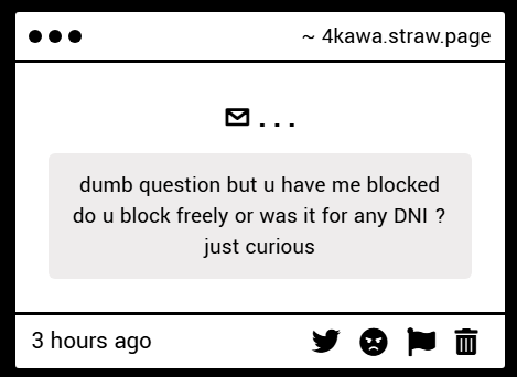9963d_'s tweet photo. I block freely but I also do have a DNI it just isn't public, tho if I blocked you it was for good reason https://t.co/IQnXc29g7Z