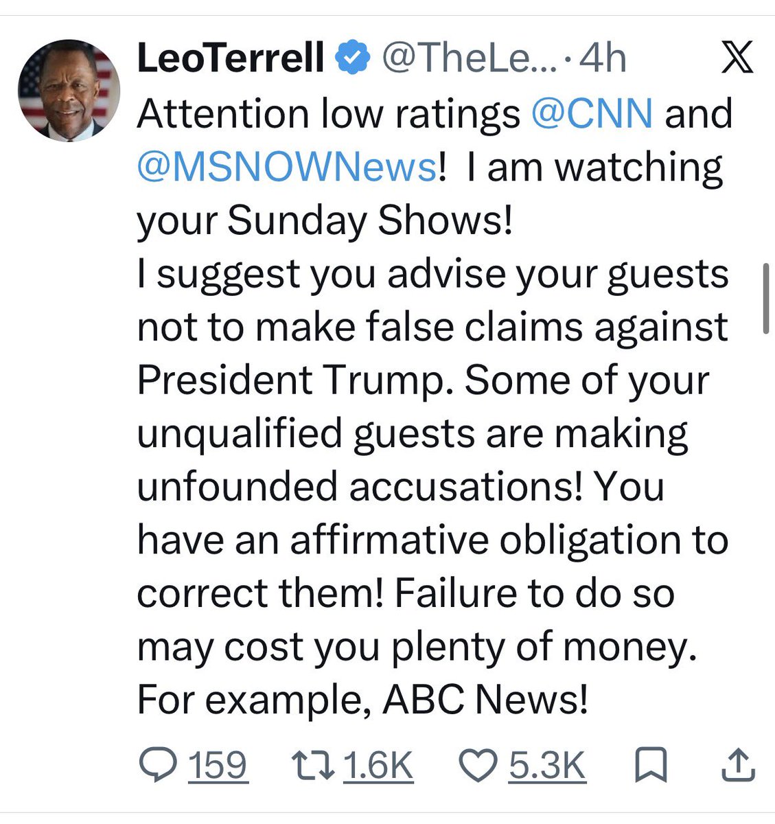 cturnbull1968's tweet photo. Here is Leo Terrell, who was appointed by Trump to the DOJ, threatening TV networks on behalf of the president. 

Since when does the DOJ represent the President, as a private citizen, on civil litigation matters? https://t.co/bWIvC1eoGh