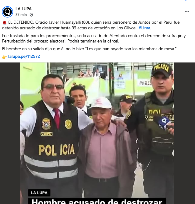 cviguria's tweet photo. En La Lupa y despacho de América Noticias, identifican a uno de los detenidos, señalado de ser personero de Juntos por el Perú. 

En registros, milita para el Partido Aprista. 

Plataforma de JNE no lo señala como personero. https://t.co/BDQ4tuUkek