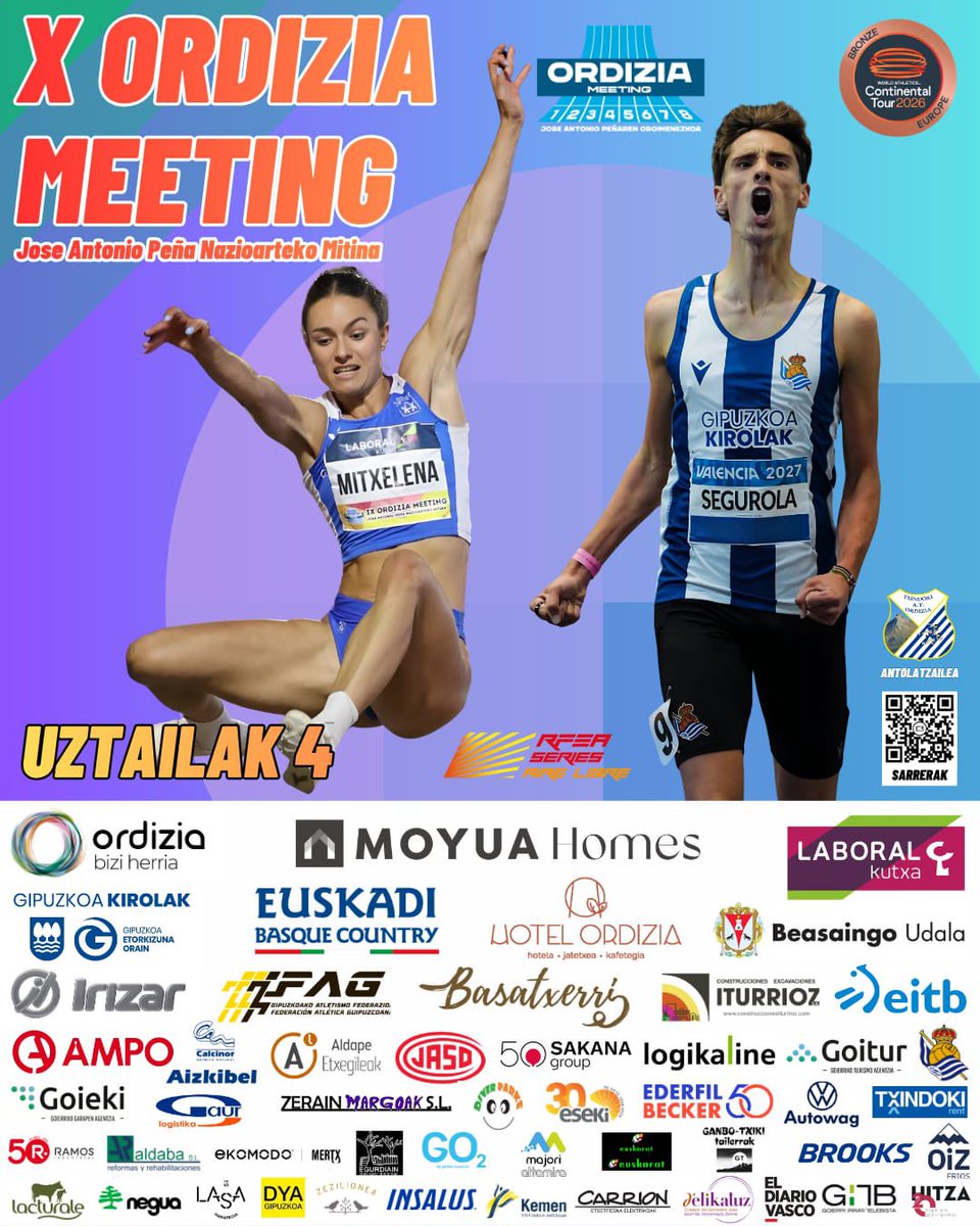OrdiziaMeeting's tweet photo. 🤩KARTEL OFIZIALA🤩
Hau izango da X Ordizia Meetingeko kartel ofiziala.

Kartelburuak 👸🤴:

Irati Mitxelena Balerdi: 
2026ko Munduko Txapelketan 🌍12. postuan sailkatua. 6.76 metroko 📏marka pertsonala luzera jauzian.

Martin Segurola Larrinaga:
Euskadiko errekorra 1500eko proban, 3:33.81. Espainiako txapeldun 🥇3000 metrotan (2026).

Ez galdu gure etxeko atleta onenak ikusteko aukera🙌🏽🙌🏽

🎟️🎟️: https://t.co/D7KeAFUENG