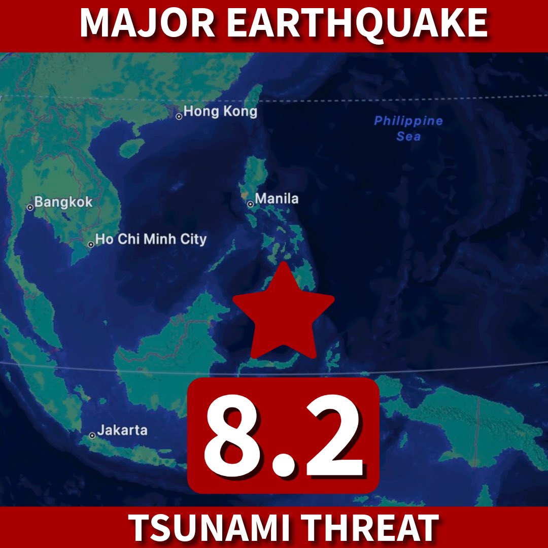 DylanFedericoWX's tweet photo. #BREAKING: A catastrophic magnitude 8.2 earthquake just struck the Philippines. A Pacific tsunami threat is possible with an earthquake this strong. https://t.co/JtnRNwXR0R