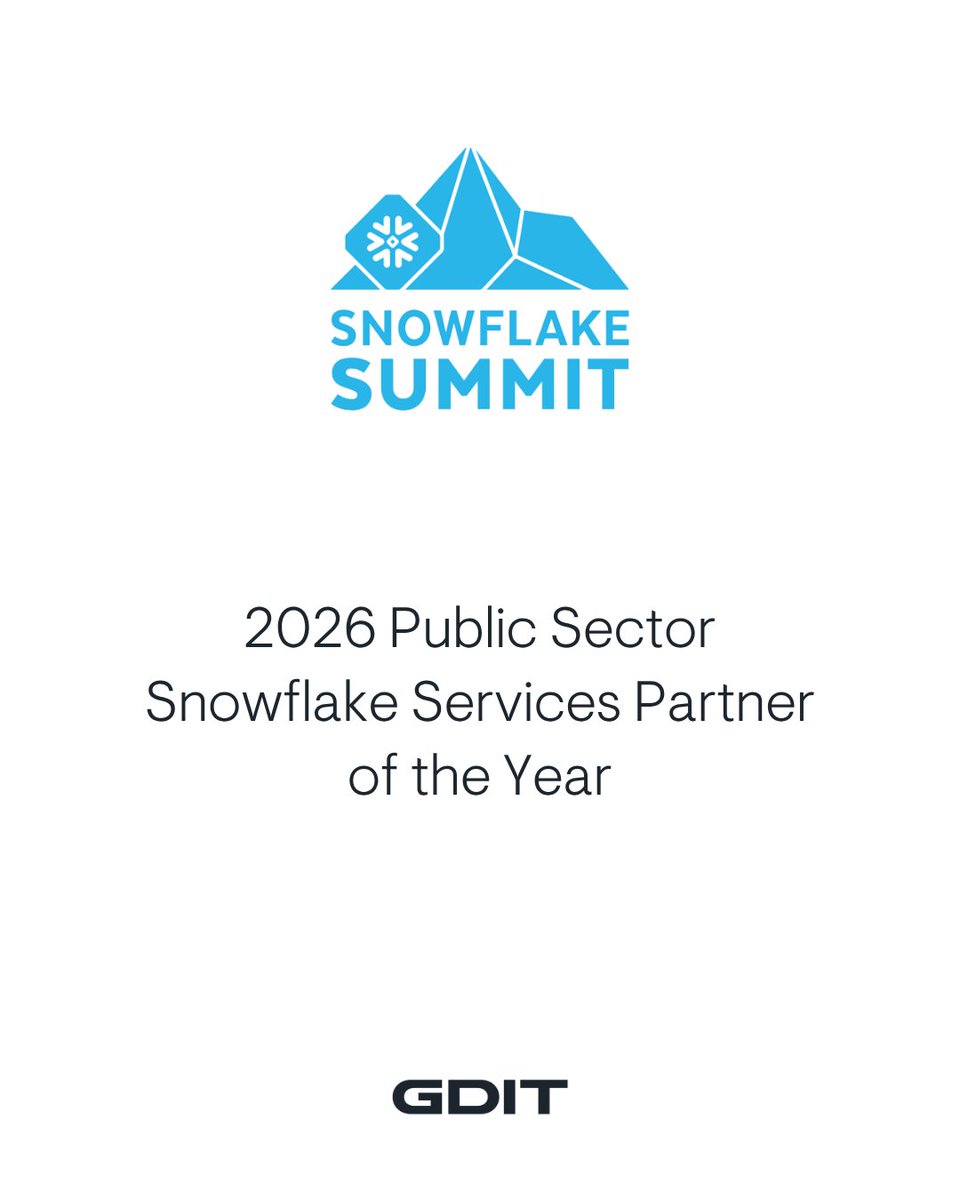 Social_Robin's tweet photo. @gdit has been recognized as Snowflake’s 2026 Public Sector Services Partner of the Year for our work helping federal agencies turn data and AI into mission impact. Proud to see our teams honored for innovation and measurable customer outcomes! https://t.co/BFTBWU8K8Y