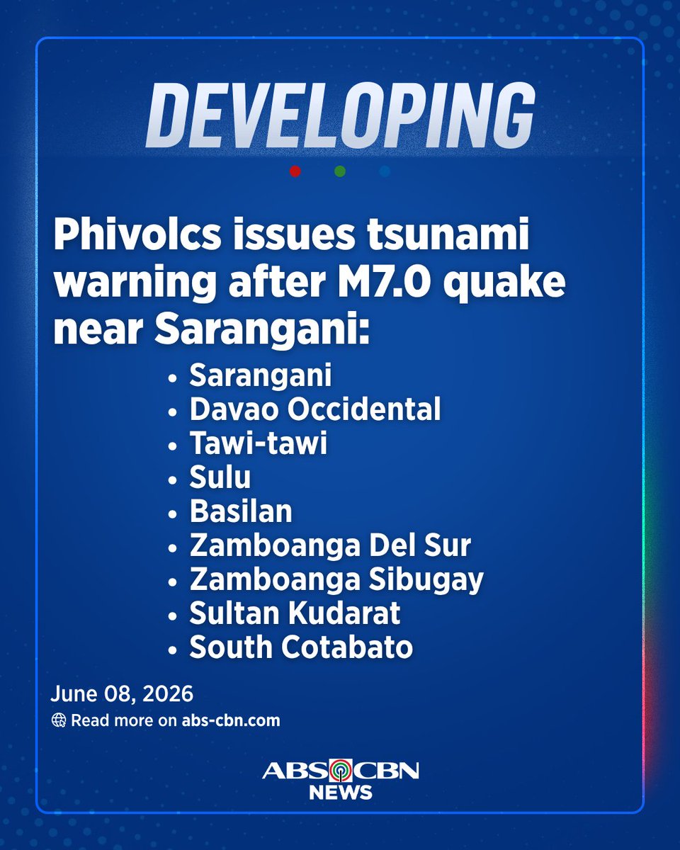 ABSCBNNews's tweet photo. TSUNAMI WARNING
 
Phivolcs issued a tsunami advisory after a magnitude 7.0 earthquake struck offshore Sarangani at 7:37 a.m. on Monday, June 8, 2026.
 
It is expected to arrive between 7:37 a.m. to 9:37 a.m., according to Phivolcs.
 
Nearby coastal areas are strongly advised to immediately evacuate to higher grounds. #EarthquakePH #LindolPH