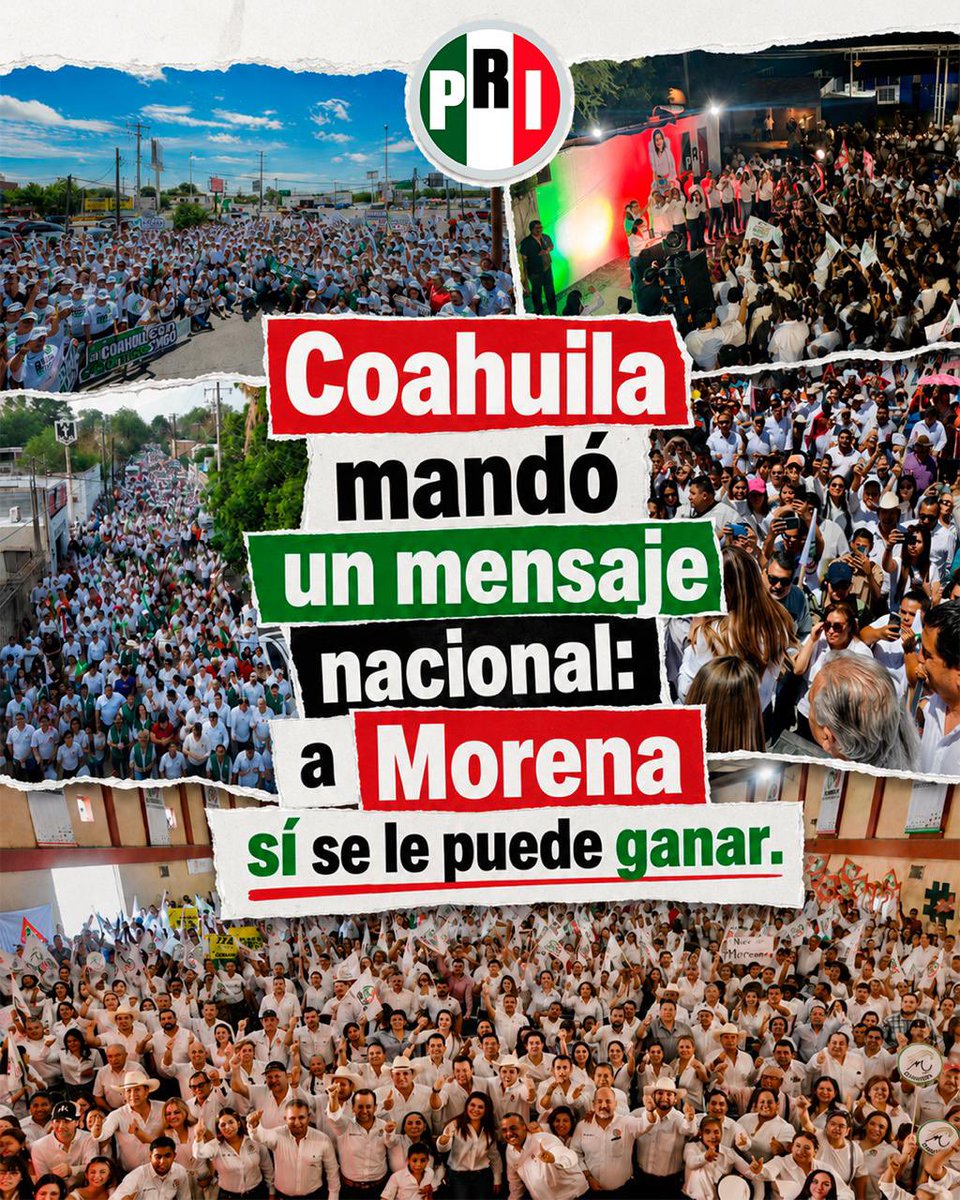 alitomorenoc's tweet photo. ¡En Coahuila ganó el PRI! Ganamos 16 de 16 diputaciones locales y lo hicimos con una ventaja clara en todo el estado. Así se ve el respaldo de miles de ciudadanos que participaron en esta elección ejemplar, en paz, con armonía y tranquilidad. Las familias coahuilenses tienen claro que el PRI sabe cumplir, sabe ganar y sabe gobernar. ¡Barrimos a los narcopolíticos de MORENA!

Muchas felicidades al priismo de Coahuila, a nuestras candidatas y candidatos, a cada militante que tocó puertas, que defendió el voto y que nunca bajó la guardia. Esta victoria es de todos los priistas, de su trabajo, de su lealtad y de su carácter. Demostraron que cuando el PRI se organiza, no hay quien lo detenga. 

Mi reconocimiento al Gobernador @manolojim, un hombre valiente y comprometido con su tierra y con su gente, un priista ejemplar que con trabajo serio y buenos resultados en economía y seguridad, generando empleos y gobernando con responsabilidad, le está cumpliendo a Coahuila. Cuando hay orden, seguridad y crecimiento, la gente lo reconoce. Ese esfuerzo fortalece al PRI y demuestra que sabemos gobernar. ¡Gobiernos priistas como el de Manolo Jiménez son los que México necesita!

Las familias coahuilenses decidieron con libertad y con inteligencia. Dejaron claro que aquí no quieren abrirle paso a los narcopolíticos de MORENA que solo dividen y dañan a la sociedad. 

¡Somos la verdadera opción de la oposición! Ahora vamos por el milagro mexicano, con trabajo, con rumbo y con amor a la Patria. ¡El 6 de junio de 2027 nos vemos en las urnas para votar y sacar del gobierno a los narcopolíticos de MORENA!