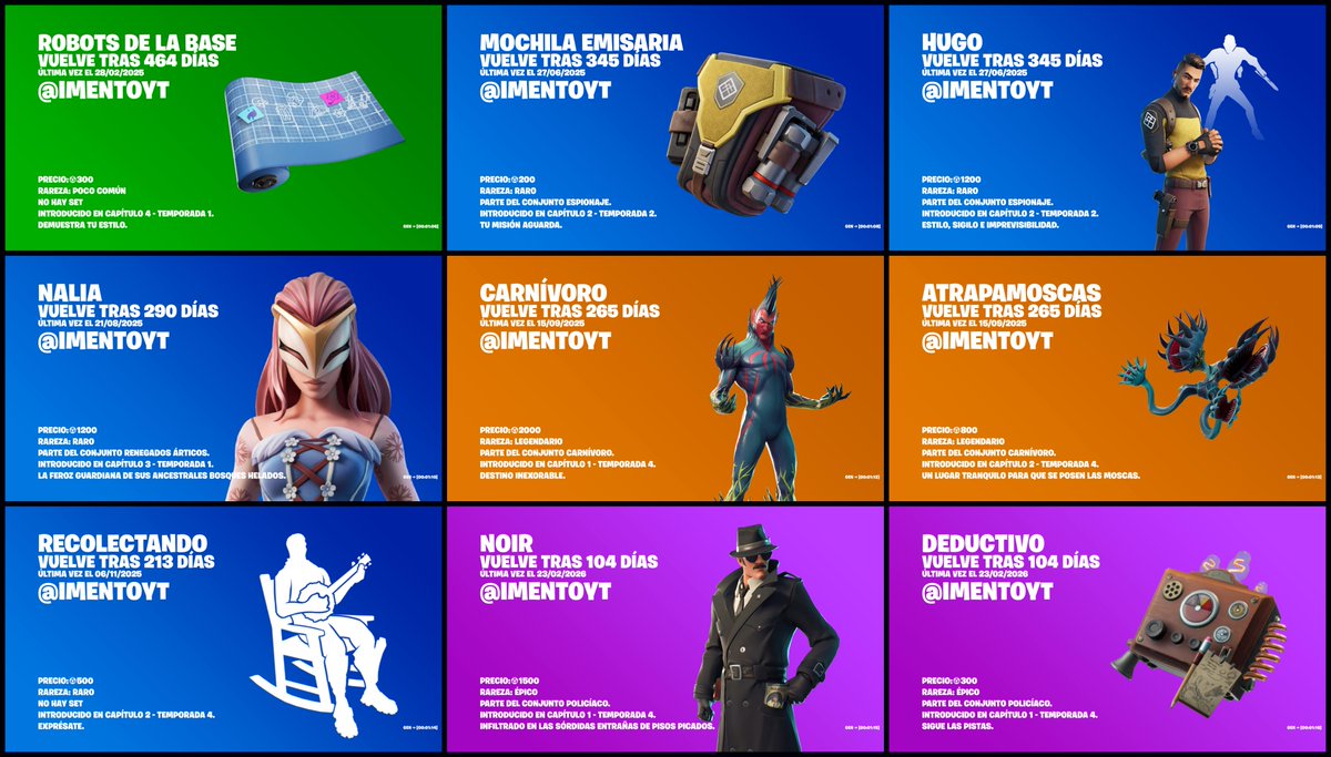 imentoyt's tweet photo. Hoy en items que vuelven tras mucho tiempo: #Fortnite

- Robots de la base (464 días)
- Mochila emisaria (345 días)
- Hugo (345 días)
- Nalia (290 días)
- Carnívoro (265 días)
- Atrapamoscas (265 días)
- Recolectando (213 días)
- Noir (104 días)

❤️ Código "ento" #ad https://t.co/bckrCl47IZ