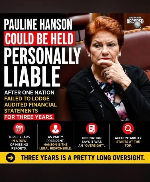 JennyHaines19's tweet photo. Hanson could be held liable for failure to audit and report #Auspol2026

https://t.co/2T1HrmjjSr https://t.co/CNEkW1ESz5