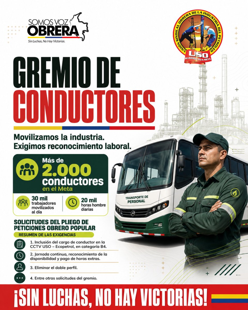uso_meta's tweet photo. Visibilizamos la voz del Gremio de Conductores del Meta: más de 2.000 trabajadores que movilizan la industria petrolera exigen inclusión en la CCTV USO – Ecopetrol, categoría B4, jornada continua, pago de horas extras y eliminación del doble perfil

¡Sin luchas, no hay victorias! https://t.co/xl7AN6VDPj