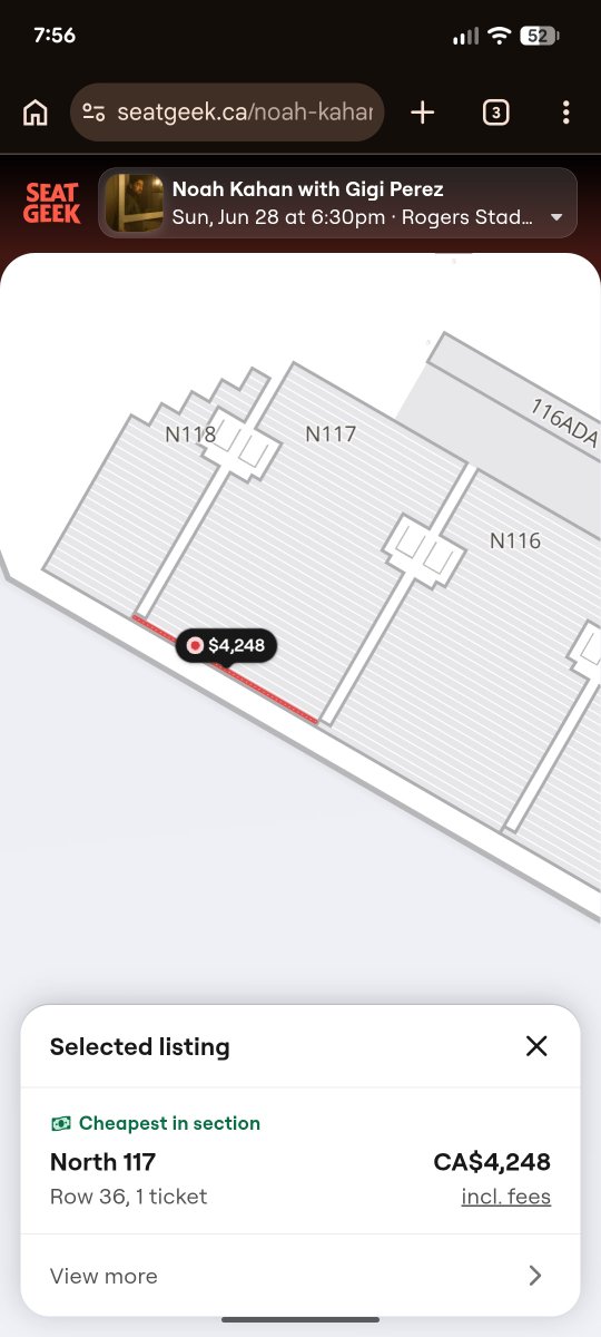 Chepro1324's tweet photo. @NoahKahan Imagine reselling a ticket for almost as FAR BACK AS POSSIBLE FOR $4K https://t.co/dFsh39zNXe