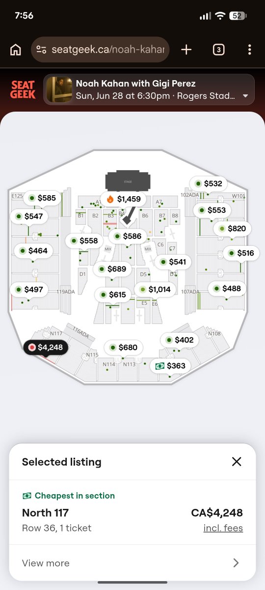Chepro1324's tweet photo. @NoahKahan Imagine reselling a ticket for almost as FAR BACK AS POSSIBLE FOR $4K https://t.co/dFsh39zNXe