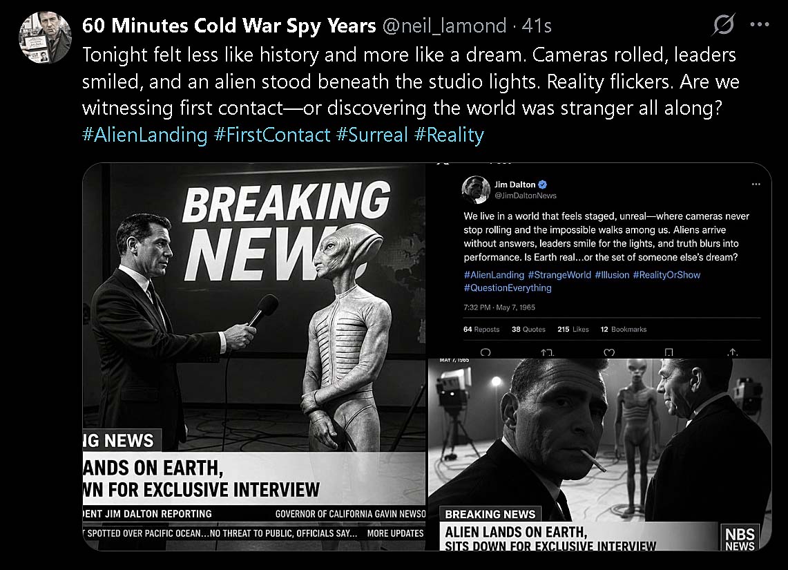 neil_lamond's tweet photo. Tonight felt less like history and more like a dream. Cameras rolled, leaders smiled, and an alien stood beneath the studio lights. Reality flickers. Are we witnessing first contact—or discovering the world was stranger all along? #AlienLanding #FirstContact #Surreal #Reality https://t.co/yt5lvan8Rg