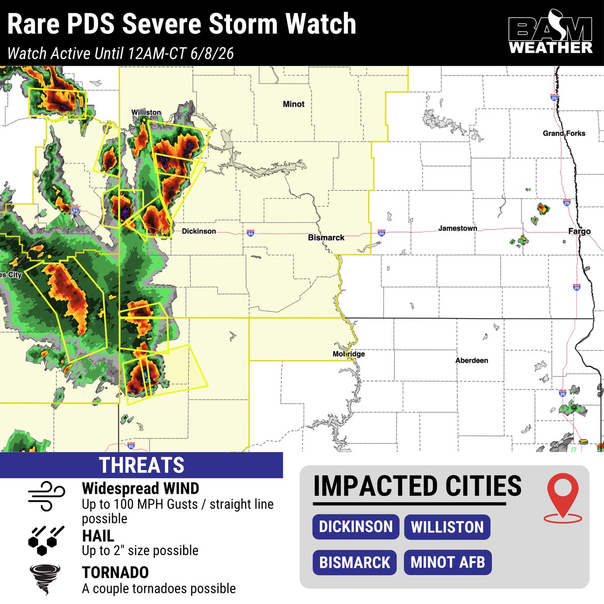bam_weather's tweet photo. A rare, (PDS) Particular Dangerous Situation Severe Storm Watch has been issued for parts of North Dakota and South Dakota. Damaging winds of 80-100mph will be possible, with hail / tornadoes to remain additional threats.

Storms have already fired off and are forming into a line!