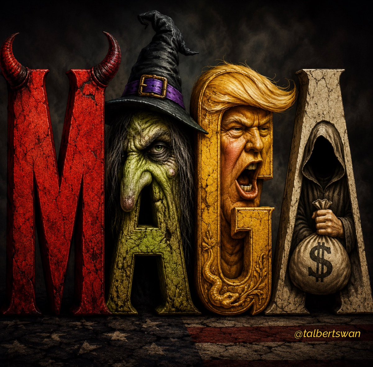 TalbertSwan's tweet photo. In Latin and Italian, “maga” means sorceress or witch. In Nigerian Pidgin, “maga” is a gullible fool who gets conned.

Either way, MAGA fits.

It’s a demonic movement centered around a racist, rapist, pedophile, pathological liar, convicted felon, sociopath, and demagogue. It’s ￼built on grievance, fear, lies, conspiracy theories, racial resentment, and political idolatry. It’s led by cynical opportunists who know better and followed by millions who keep falling for the same scams, the same false promises, and the same manufactured outrage.

It’s a movement of manipulators and the manipulated, grifters and the grifted.

MAGA isn’t a political philosophy. It’s a satanic cult sustained by deception and fueled by ignorance.