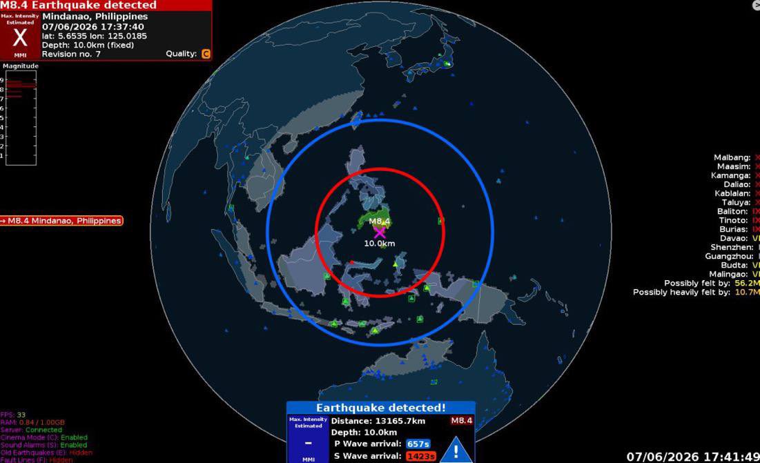 GuerrasyGPcr's tweet photo. 🇵🇭 Reportado un poderoso terremoto de 8.7 frente a las costas de Mindanao, Filipinas. https://t.co/tSgWnWErNf