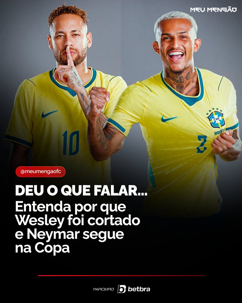 MeuMengaoOF's tweet photo. ⚠️ Entenda por que Wesley foi cortado e Neymar segue na Seleção

Após o corte de Wesley da Copa do Mundo, muitos torcedores questionaram nas redes sociais por que o lateral-direito ficou fora da lista enquanto Neymar foi mantido no grupo.

A explicação está na gravidade e no tempo de recuperação das lesões. Wesley sofreu uma lesão grau 3 no músculo adutor da coxa esquerda durante o amistoso contra o Egito, no dia 6 de junho. A previsão de recuperação varia entre 40 dias e até 3 meses, o que inviabiliza sua participação no Mundial.

Já Neymar sofreu uma lesão grau 2 na panturrilha em 17 de maio. O prazo estimado para retorno é de duas a três semanas, com expectativa de que ele volte a treinar em breve e esteja disponível ainda na fase de grupos da competição.

Por isso, a comissão técnica optou por cortar Wesley e manter Neymar entre os convocados.

💬 Na sua opinião, a CBF tomou a decisão correta ao manter Neymar e cortar Wesley?
#meumengao #selecaobrasileira #neymarjr