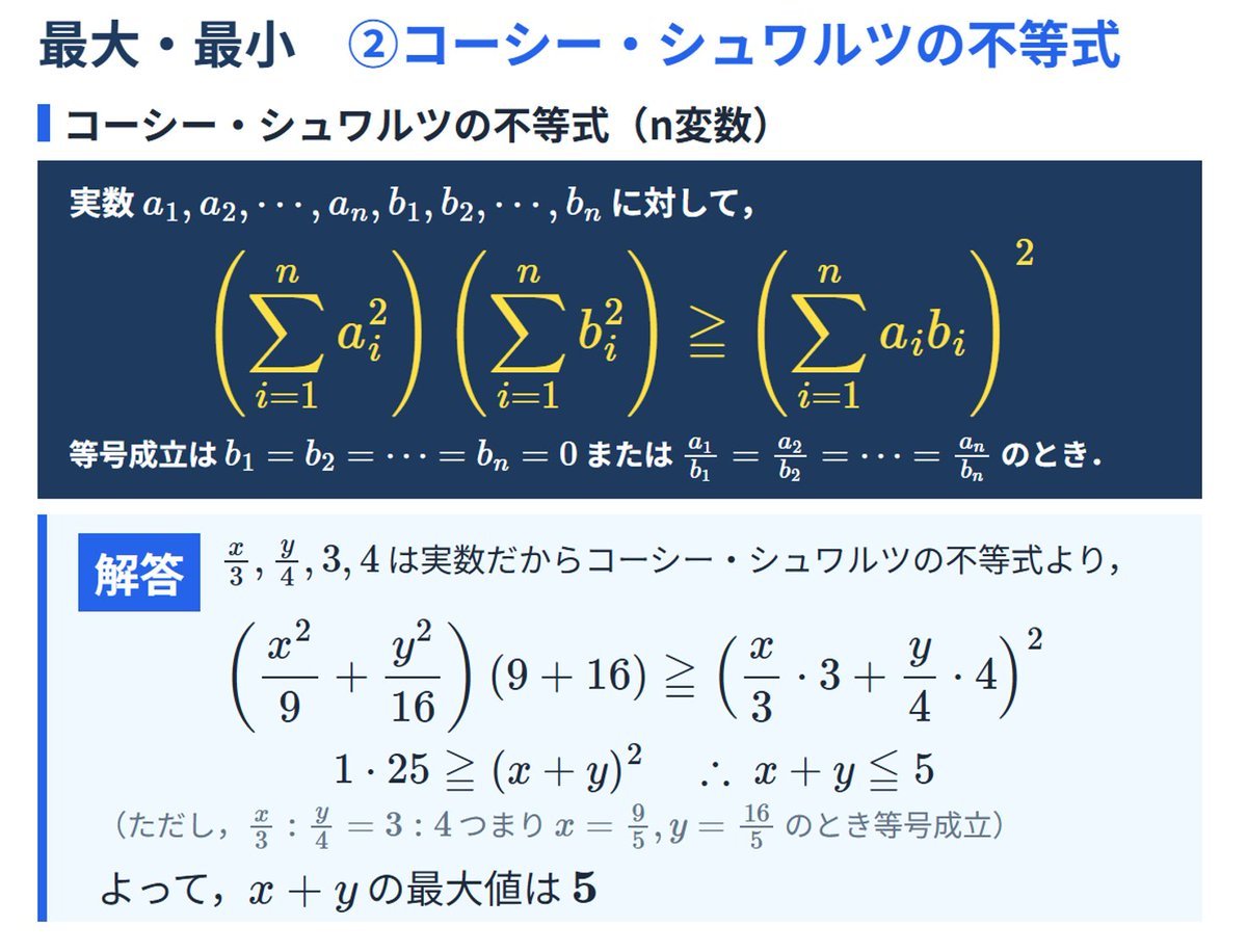 MetaSkilling's tweet photo. 【コーシー・シュワルツの不等式】知ってた？

(a₁² + a₂² + ... + aₙ²)(b₁² + b₂² + ... + bₙ²) ≧ (a₁b₁ + a₂b₂ + ... + aₙbₙ)²

これを使うと、2乗の和を含む最大・最小問題が一瞬で解ける

実は、これは多次元ベクトルの内積と絶対値の大小を表している！
|a|²|b|² ≧ (a・b)² https://t.co/GVN9XpPIda