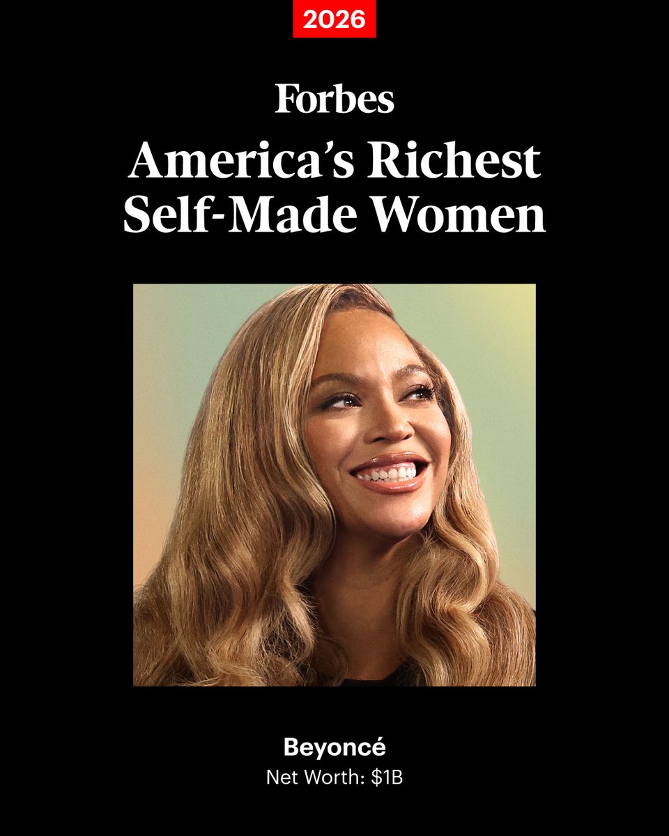 Forbes's tweet photo. Beyoncé joins the Forbes America’s Richest #SelfMadeWomen 2026 list with a $1 billion fortune. The success of her Cowboy Carter Tour—the highest-grossing country music tour in history—helped push her into the billionaire ranks. 

See the full list: https://t.co/PilzgZYXQN
📸: Matt Winkelmeyer via Getty Images