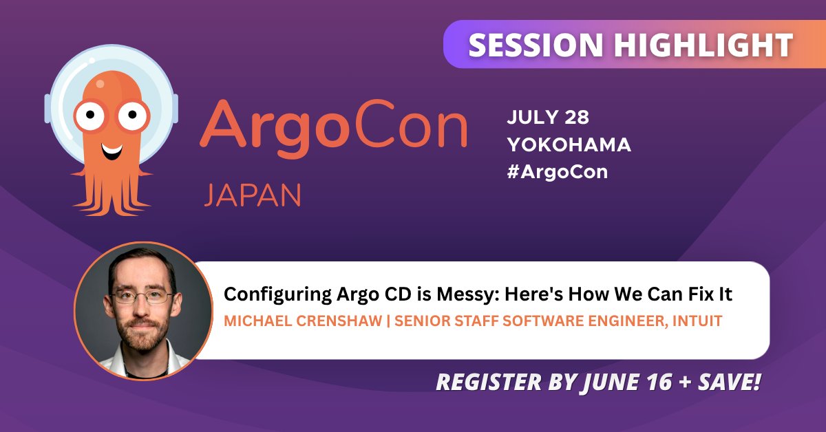 CloudNativeFdn's tweet photo. 🎉 Session highlight from #ArgoCon Japan, July 28 at #KubeCon + #CloudNativeCon Japan in Yokohama!
Join us for "Configuring Argo CD is Messy: Here's How We Can Fix It.” Argo CD lead maintainer, Michael Crenshaw, walks through a proposal: configure Argo CD via a new CRD, bringing order to the chaos of ConfigMaps, CLI flags, and env vars.
View the full ArgoCon schedule: https://t.co/WI4AMys3b6
