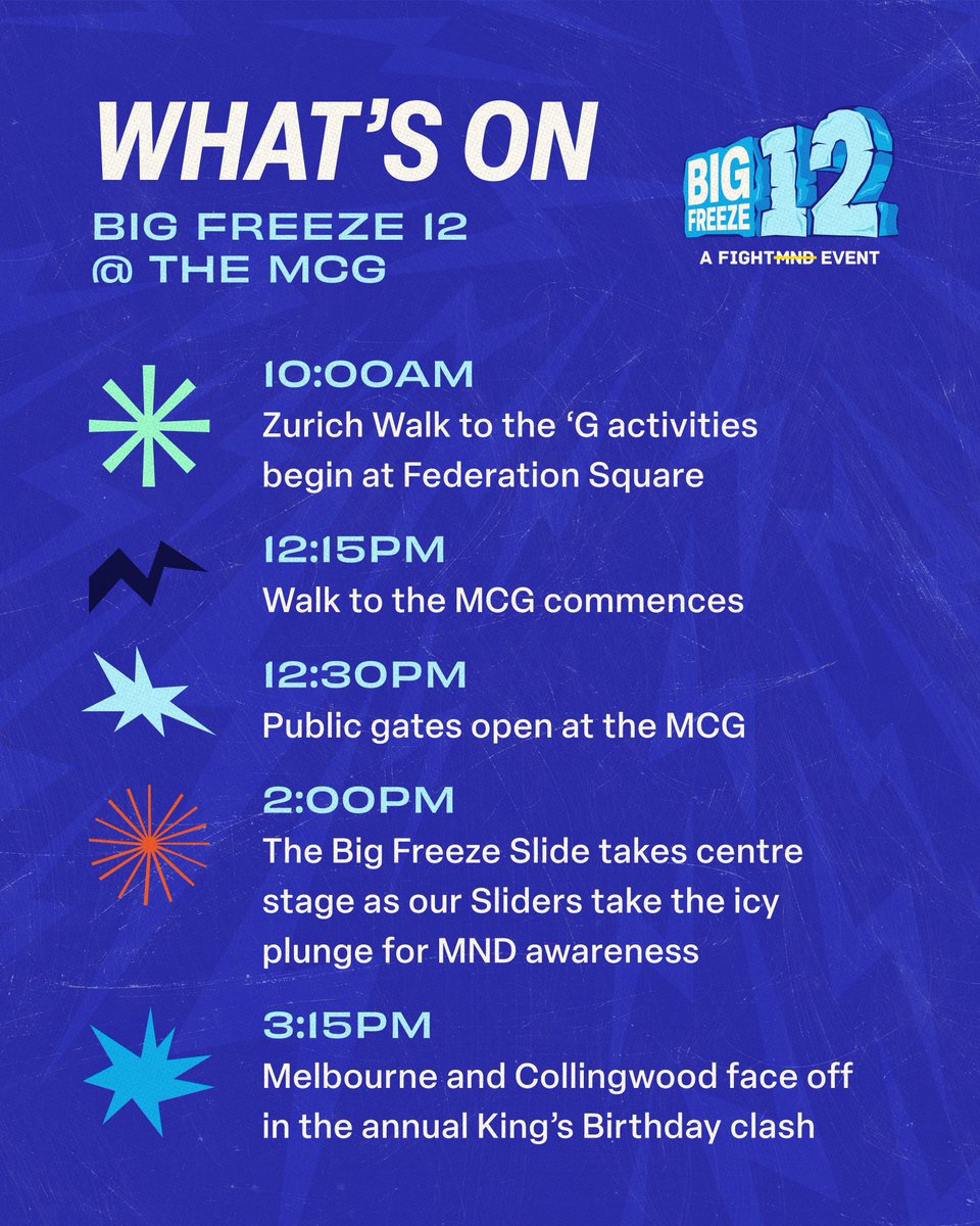 FightMND's tweet photo. From the Zurich Walk to the ‘G to the Big Freeze Slide and the King’s Birthday blockbuster between @CollingwoodFC and @melbournefc here’s your guide to the Big Freeze at the MCG!

It's shaping up to be a massive day, so let's do Neale proud and Play On in this fight against MND. https://t.co/AsigT8cxXK