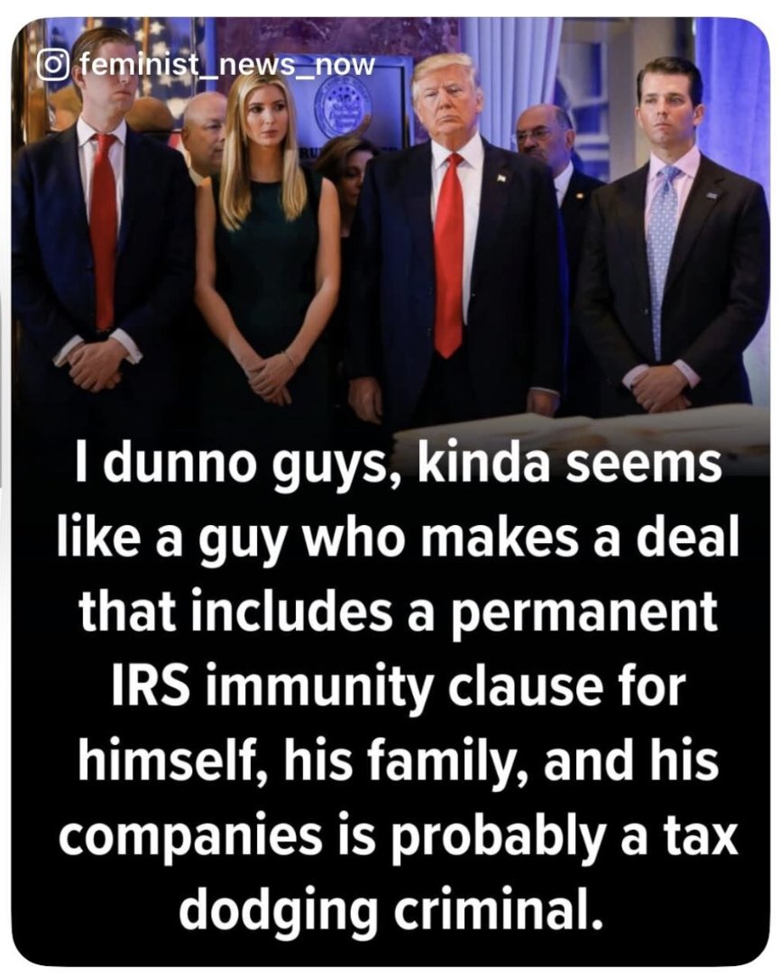 TheDemCoalition's tweet photo. There is bipartisan outrage across the political spectrum about this asinine deal Trump set up with the IRS. It is constitutionally suspect, financially self-serving, and sets a dangerous precedent for accountability under the law.

In short, it's corrupt AF.

#TrumpCrimeFamily https://t.co/JiwnNMWELt