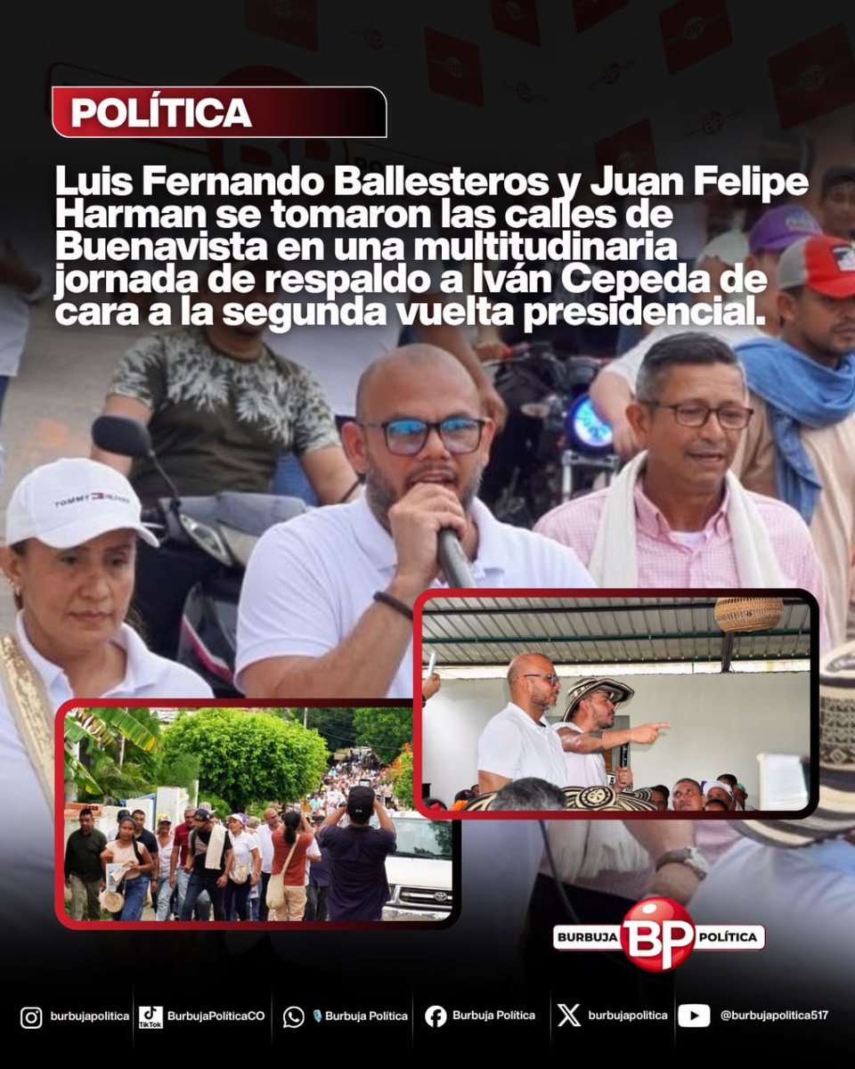 marchenojob's tweet photo. Luis Fernando Ballesteros y Juan Felipe Harman se tomaron las calles de Buenavista en una multitudinaria jornada de respaldo a Iván Cepeda de cara a la segunda vuelta presidencial

Buenavista, Córdoba. Las calles y barrios de Buenavista se llenaron de esperanza, entusiasmo y compromiso ciudadano durante una multitudinaria jornada de respaldo a la candidatura presidencial de Iván Cepeda Castro, en el marco de la segunda vuelta electoral.

La actividad estuvo liderada por el representante electo a la Cámara, Luis Fernando Ballesteros, y Juan Felipe Harman, exdirector de la Agencia Nacional de Tierras (ANT), quienes recorrieron el municipio acompañados por campesinos, jóvenes, líderes sociales, mujeres y ciudadanos que se sumaron masivamente al llamado por la unidad y el cambio.

Durante la jornada, los asistentes enviaron un mensaje de confianza en el futuro del país y reafirmaron su compromiso con una propuesta política que busca fortalecer la justicia social, el desarrollo de las regiones y las oportunidades para las comunidades históricamente excluidas.

El ambiente estuvo marcado por la alegría, la participación ciudadana y la convicción de que Córdoba tendrá un papel determinante en la segunda vuelta presidencial, consolidando un movimiento amplio que sigue creciendo en cada rincón del departamento.

La movilización en Buenavista ratifica el fortalecimiento de la campaña de Iván Cepeda en Córdoba y el compromiso de cientos de ciudadanos que continúan trabajando por la unidad, la esperanza y la construcción de un mejor futuro para todos.
@harmanfelipe @Ballesteros_LF
