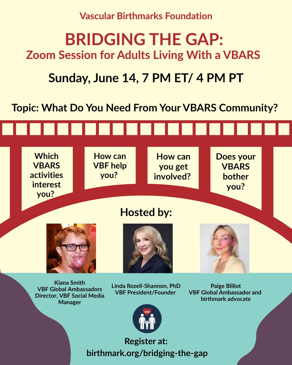 VBirthmarks's tweet photo. VBF Bridging the Gap Zoom Session for Adults Living With a VBARS
Sunday, June 14, 2026 @ 7pm ET/ 4pm PT
Topic: What Do you Need From Your VBARS Community?
Register here: https://t.co/PnQxZbKD00
This session will not address medical or treatment questions. 

#VBARS #LetsTalk #VBF https://t.co/9TKlsVoMef