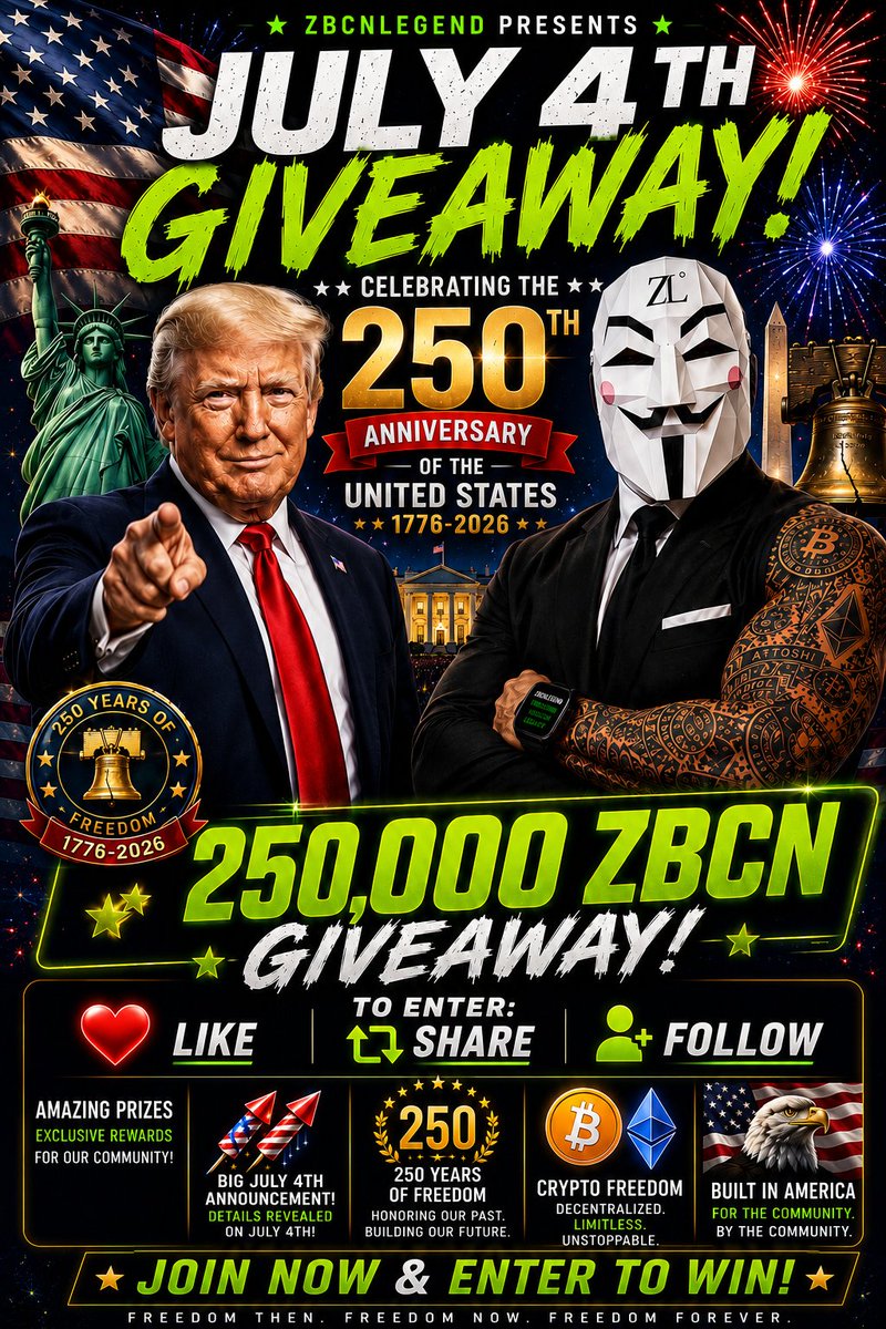 ZBCNLegend's tweet photo. 🇺🇸🎆 BIG ANNOUNCEMENT COMING JULY 4TH! 🎆🇺🇸

To celebrate America's 250th Birthday, I'll be announcing a 250,000 $ZBCN Giveaway on July 4th! 🔥

250 years of freedom.

250,000 ZBCN.

One incredible community. All are welcome to participate.

Make sure you're following so you don't miss the official giveaway announcement and entry details.

✅ Follow @ZBCNLegend  ✅ Turn on notifications 🔔 ✅ Like & Repost to spread the word for your entry to be locked in!!

Who's ready for July 4th? 🇺🇸👇

Previous winners:

@MaddPharmer : 100k Wallets

@Gonerouge7777 : 2026 XRP Las Vegas

@EarlLeeTurtle & @cornxrpl : Friday night Fiesta

#ZBCN #ZebecNetwork #xrpl