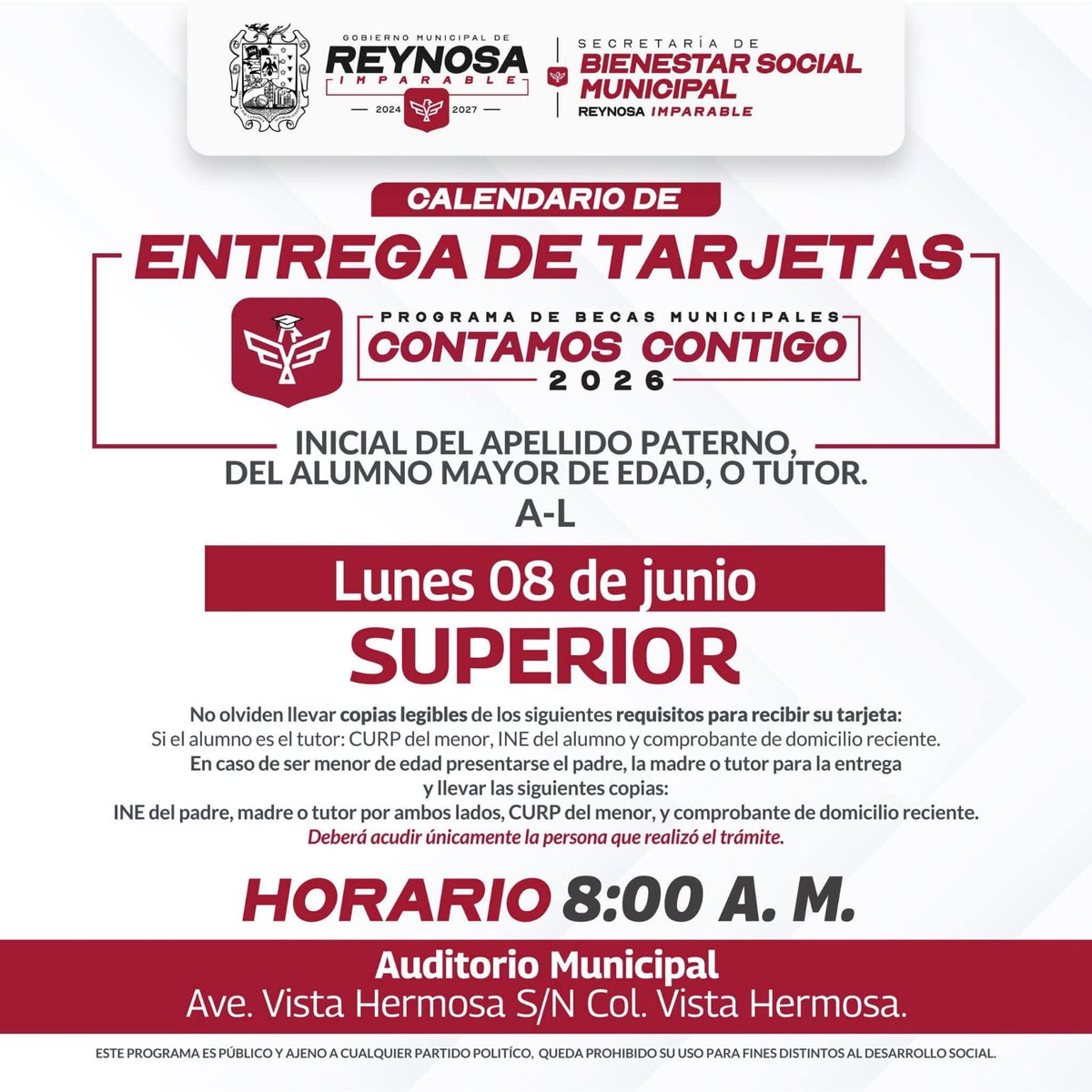 laprensamx's tweet photo. #Reynosa Invita Carlos Peña Ortiz a beneficiarios de Beca de Educación Superior a recibir su tarjeta Contamos Contigo 2026
El Presidente Municipal Carlos Peña Ortiz invita a los beneficiarios del Programa de Becas Municipales Contamos Contigo 2026, nivel Educación Superior, con apellido paterno de la A a la L https://t.co/nBMTSrDELI