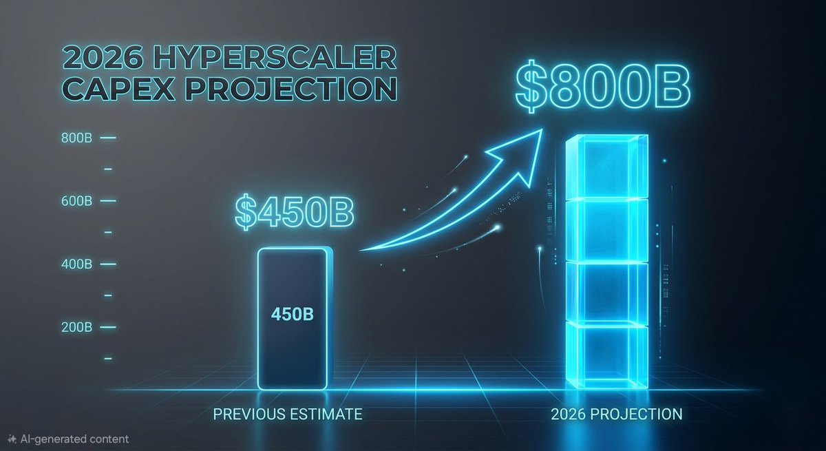 MarketDecoder_'s tweet photo. The AI 'arms race' just hit hyper-speed. Combined capex from the world's largest hyperscalers is now projected to hit $800B in 2026, nearly doubling previous $450B estimates. This level of spending is unprecedented—if you’re betting on AI, you’re betting on this capital cycle continuing to scale. #Finance #AI #Investing #MarketDecoder